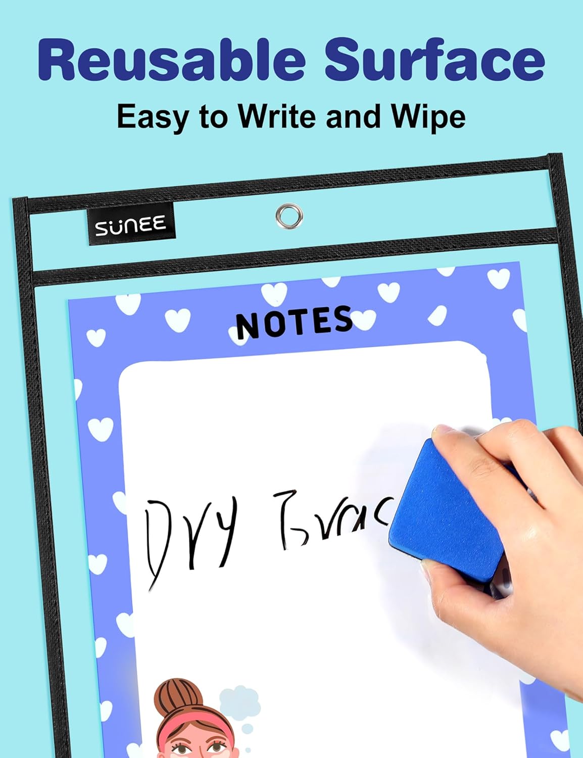 SUNEE 30 Packs Oversized Reusable Dry Erase Pocket Sleeves with 2 Rings, Black 10x14 Ticket Holders, Clear Plastic Sheet Protectors, Teacher School Classroom Supplies