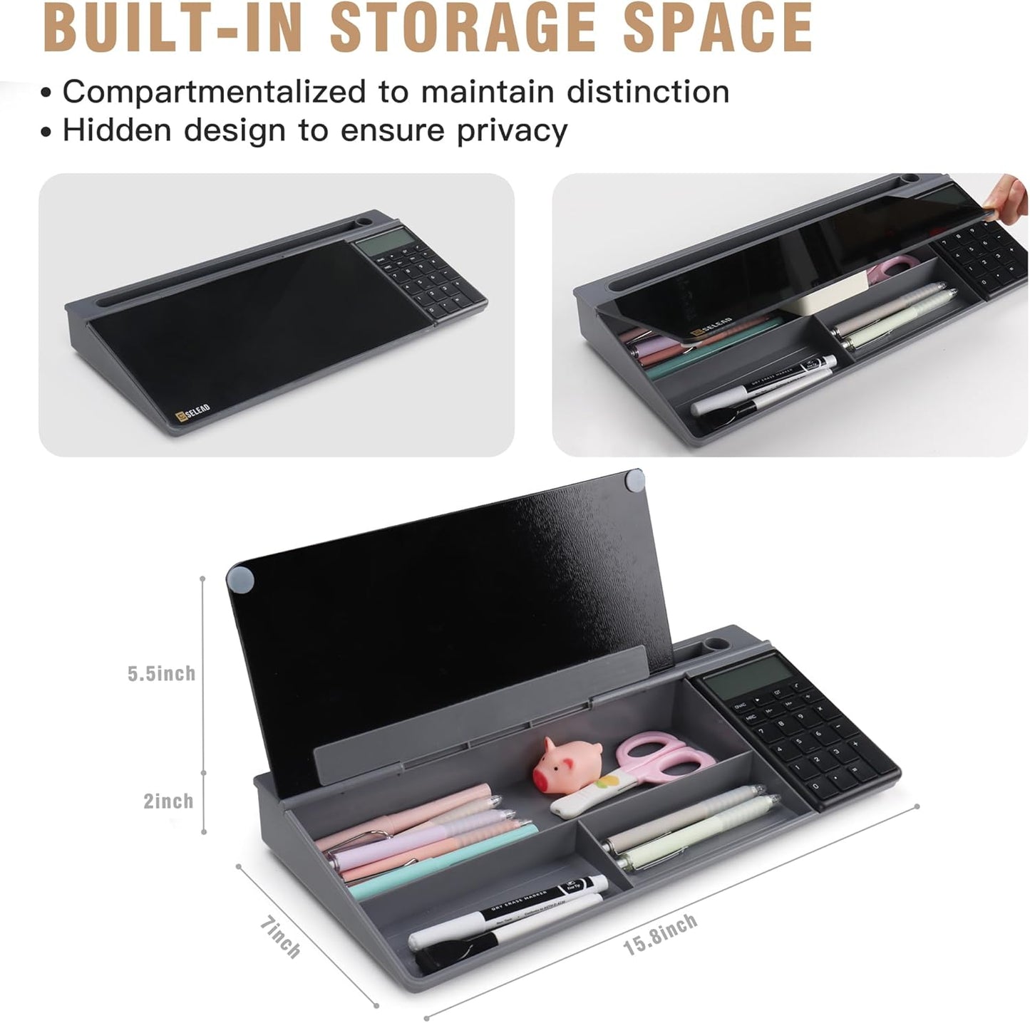 SELEAD Desktop Glass Whiteboard with Calculator, Organizer, Markers, Eraser, Holder - Black Dry Erase White Board Computer Pad Keyboard Stand for Home, School, Office Desk Cubicle Accessories