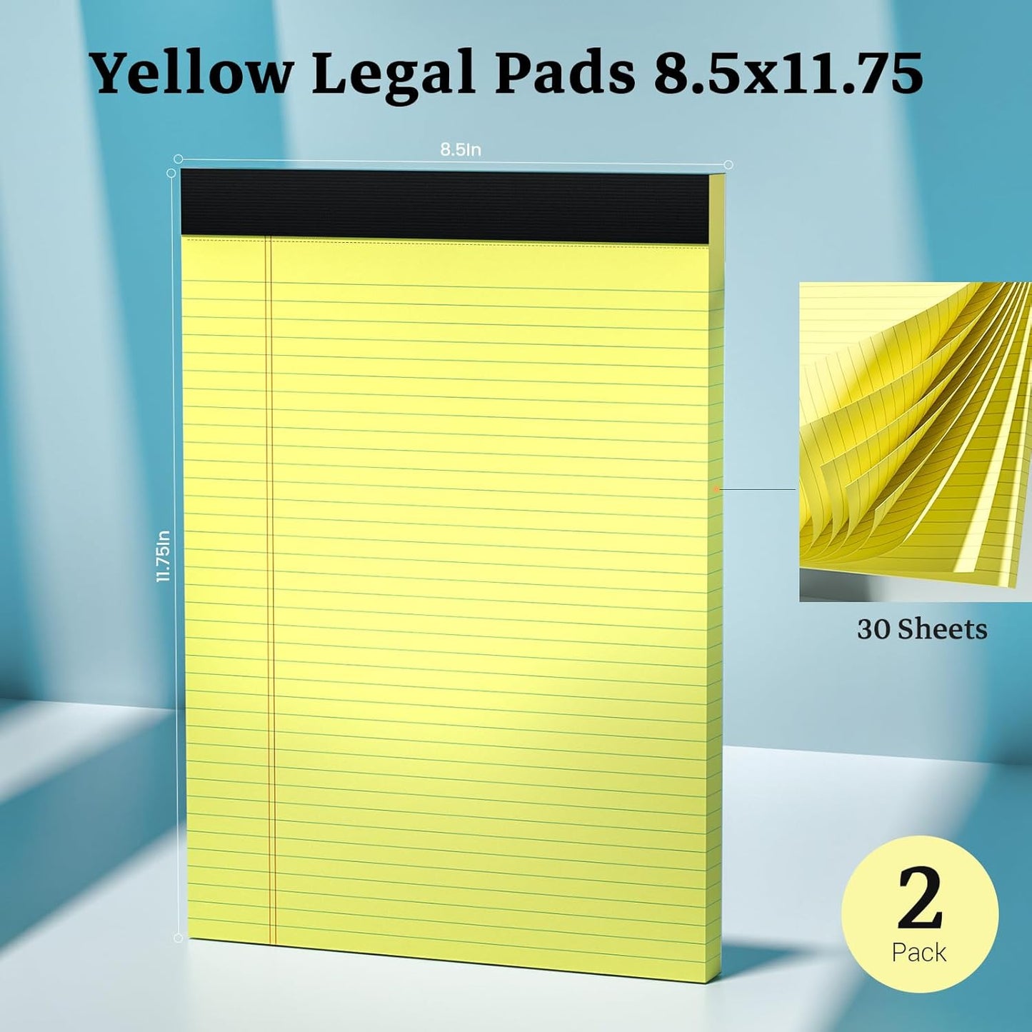 Legal Pads 8.5 x 11 Yellow Note Pads, 2 Pack College Ruled Notepads 8.5 x 11 Lined Paper, Yellow Notebook Paper Writing Pads 30 Sheets Per Legal Pads for Home Office School Supplies