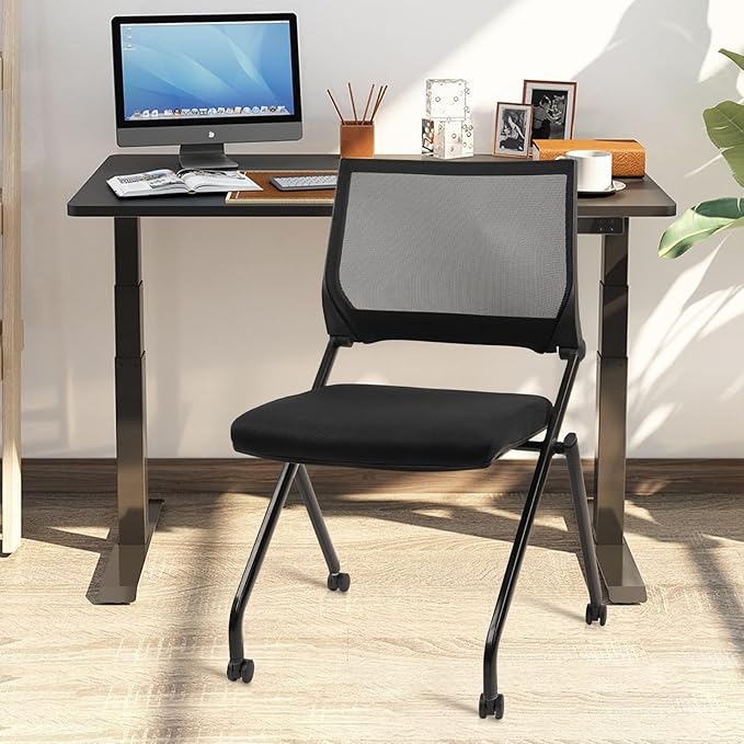 CLATINA Stackable & Foldable Conference Room Chairs, Waiting Room Chairs with Wheels & Lumbar Support, Ergonomic Mesh Bouncing Back Folding Chair for Office Meeting Schools Training, Black