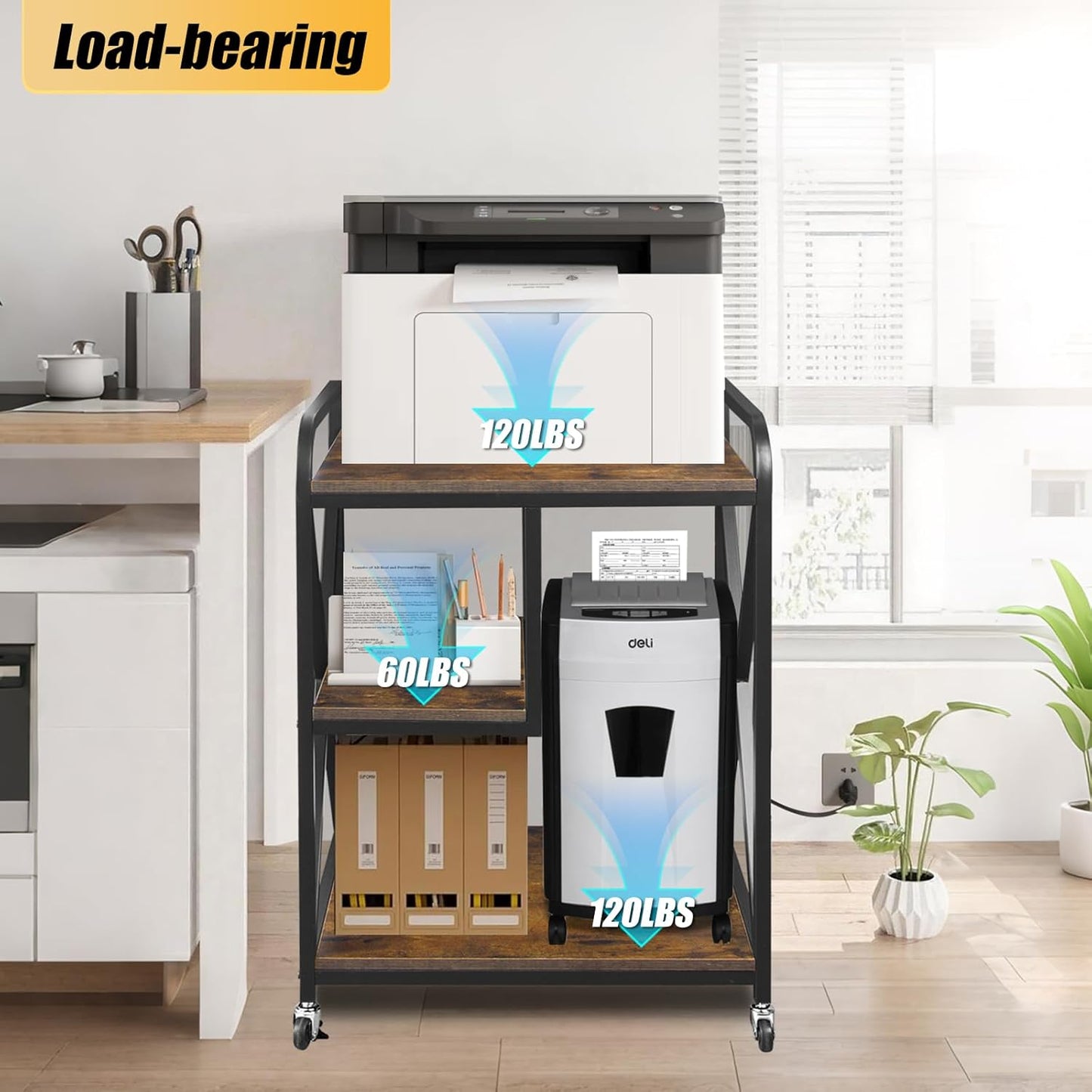 Large Printer Stand, X-shaped Printer Stand with Storage, 24"W x 17"D x 32"H, Mobile Printer Table with Wheels for Home Office, Rolling Cart for Computer Tower, Printer and Shredder, Bearing 300lbs