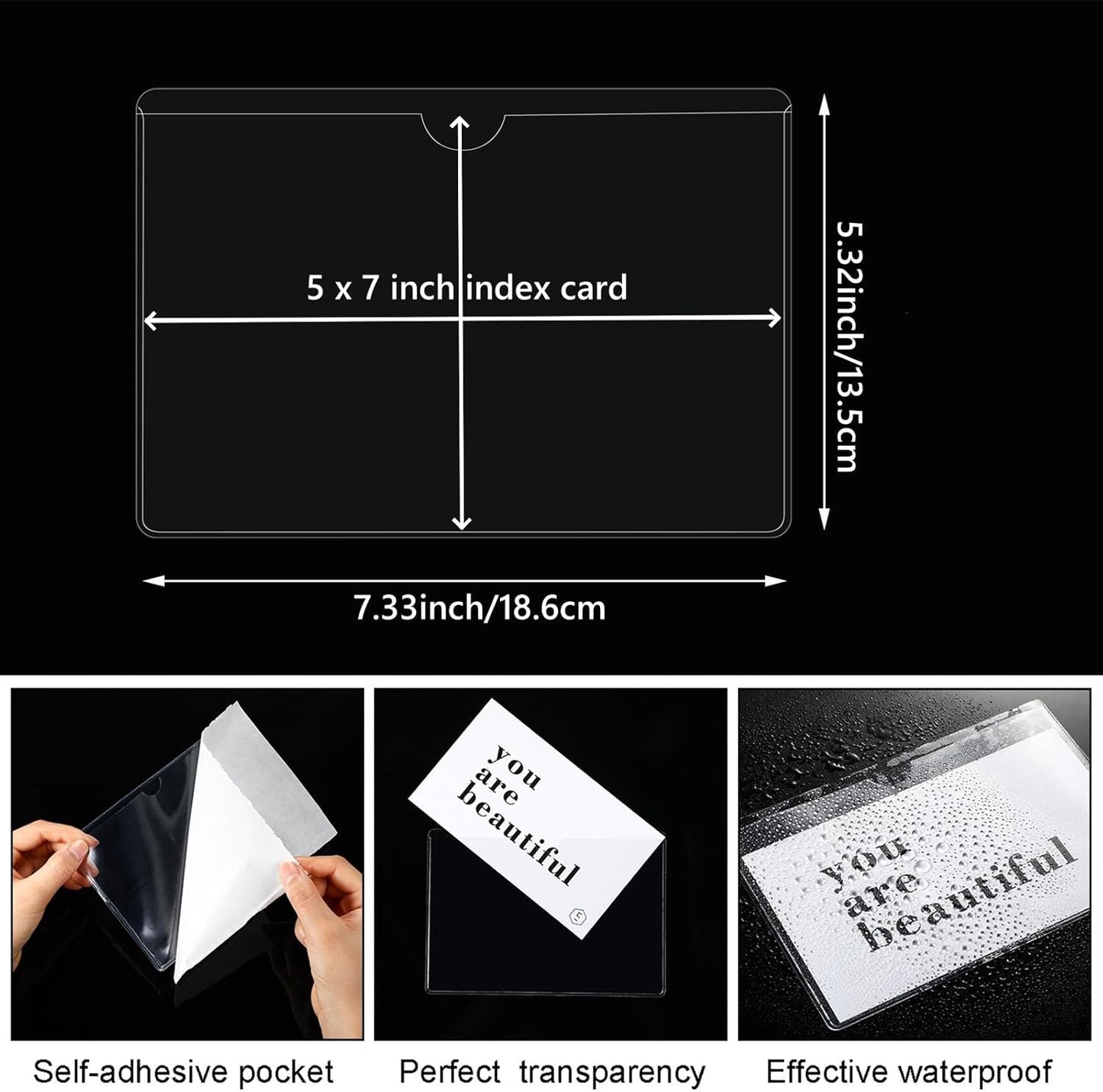 Outus 100 Pcs Clear Self Adhesive Pockets - Bin Labels for Storage Bins, Pocket Label Sleeves, Plastic Index Card Holder with Top Open for Organizing Bins Box Drawer(5 x 7 Inch)