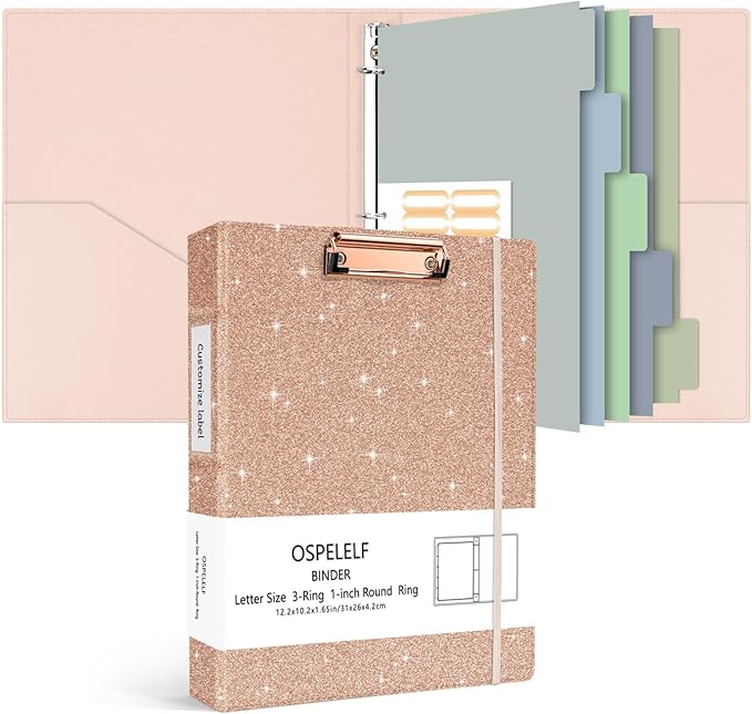 Ospelelf 3 Ring Binder 1 Inch, Vintage Leather Clipboard Binder Organizer for Letter Size (8.5" x 11"), Professional Binder Organizer Dividers with 5 Tabs, Rose Gold