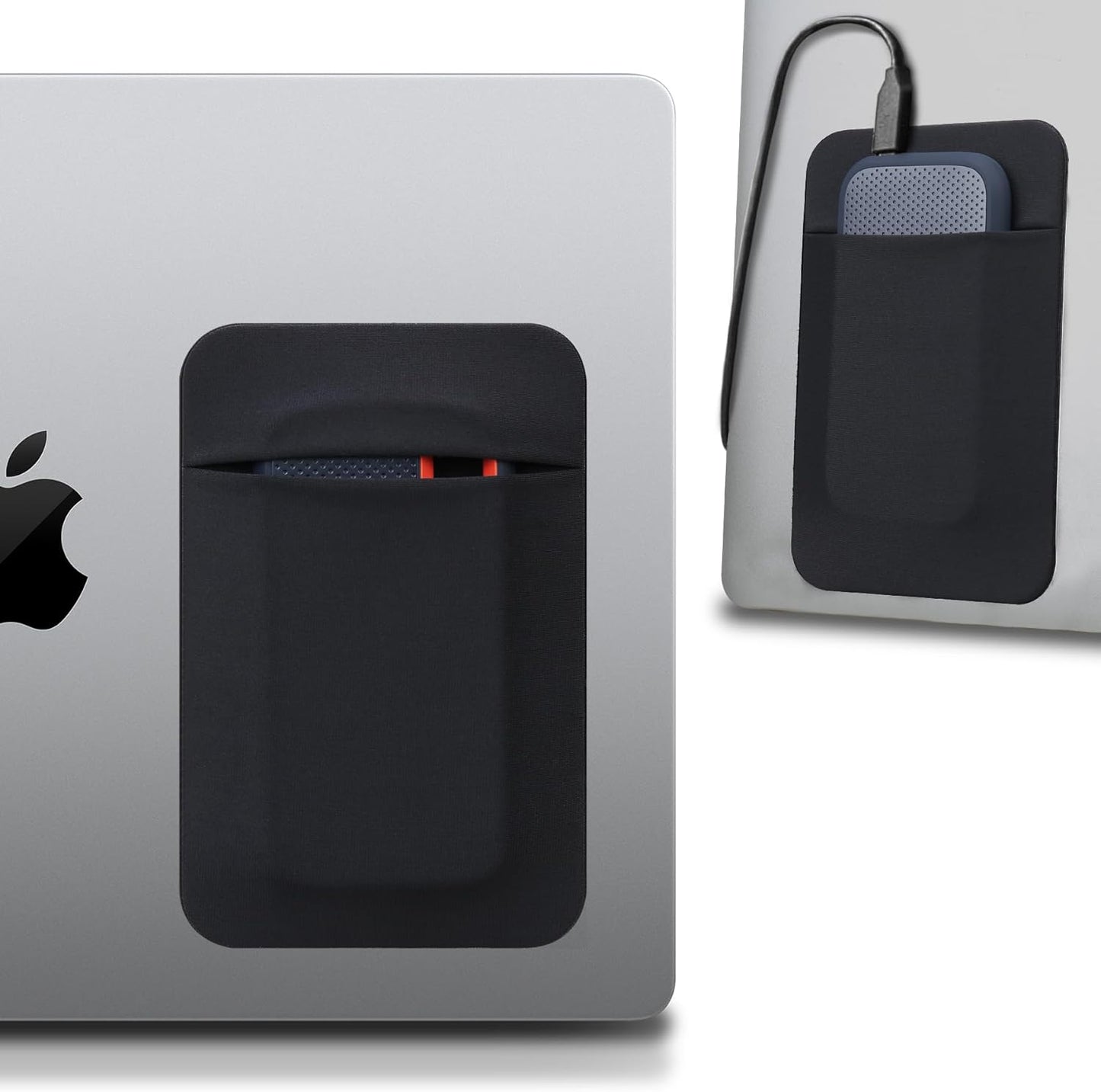 Lacdo Portable Hard Drive Sleeve for Laptop, Stick on Pouch with Reusable Adhesive, for SanDisk, Samsung, Crucial, Portable External Solid State Drive SSD Hard Drive Carrying Case Closed Pocket, Black