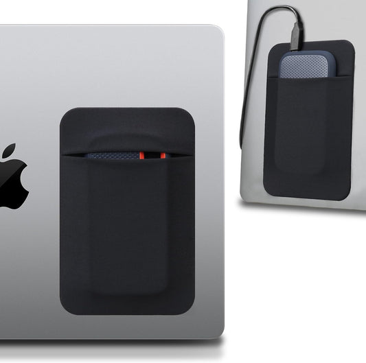 Lacdo Portable Hard Drive Sleeve for Laptop, Stick on Pouch with Reusable Adhesive, for SanDisk, Samsung, Crucial, Portable External Solid State Drive SSD Hard Drive Carrying Case Closed Pocket, Black