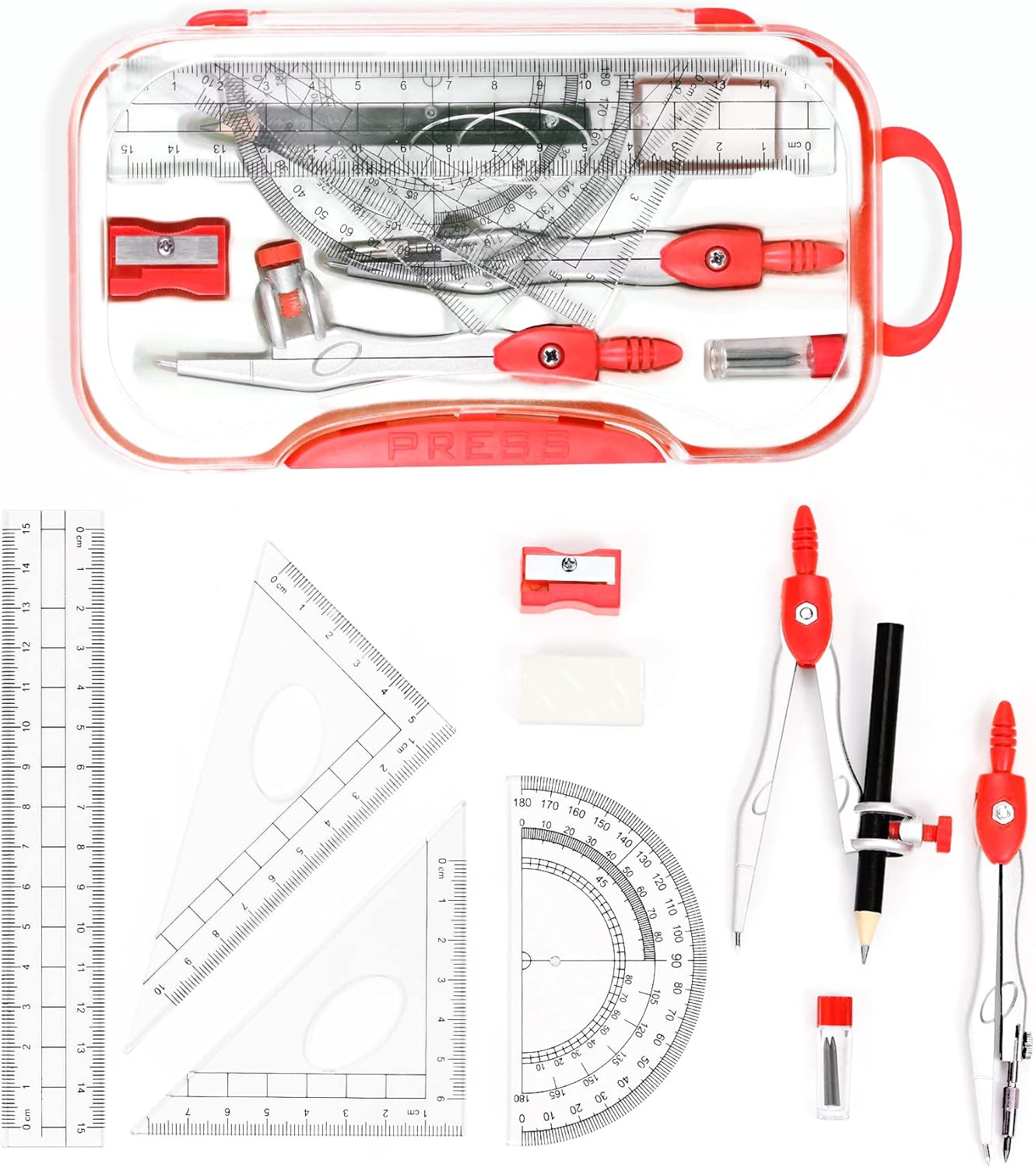 Math Geometry Sets 10 Piece Student Supplies with Shatterproof Storage Box,Includes Rulers,Protractor,Compass,Eraser,Pencil Sharpener,Lead Refills,Pencil,for Drafting and Drawings (Red)）