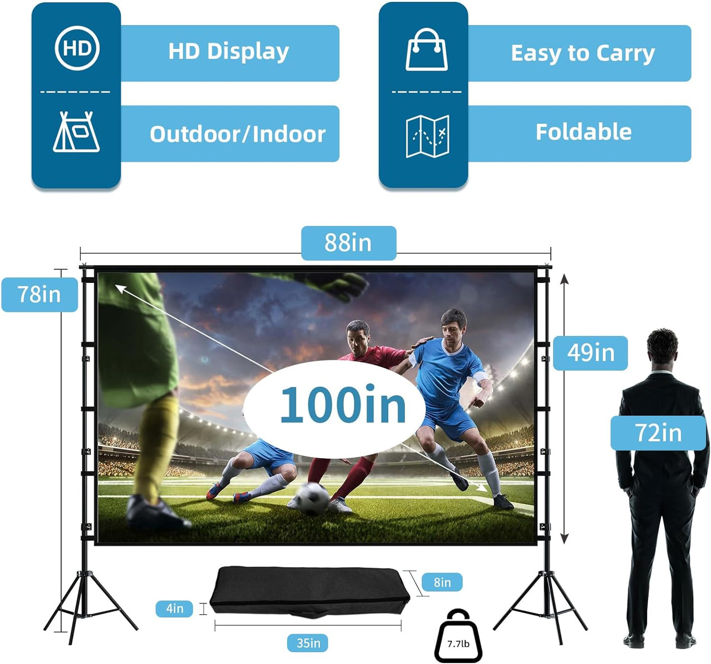 TOWOND Projector Screen and Stand, 100 inch Projection Screen Outdoor Indoor, Portable 16:9 4K HD Rear Front Movie Screen with Carry Bag Wrinkle-Free Design for Home Theater Backyard Cinema