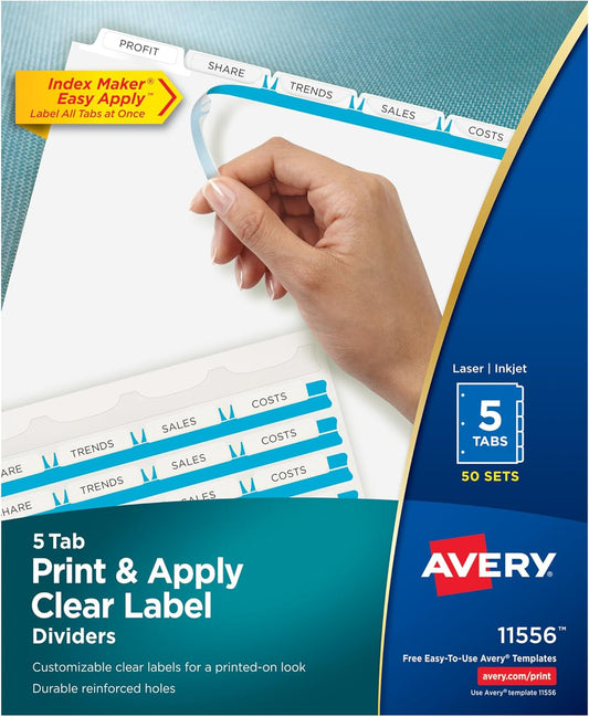 Avery 5 Tab Dividers for 3 Ring Binder, Easy Print & Apply Clear Label Strip, Index Maker Customizable White Tabs, 50 Sets (11556)