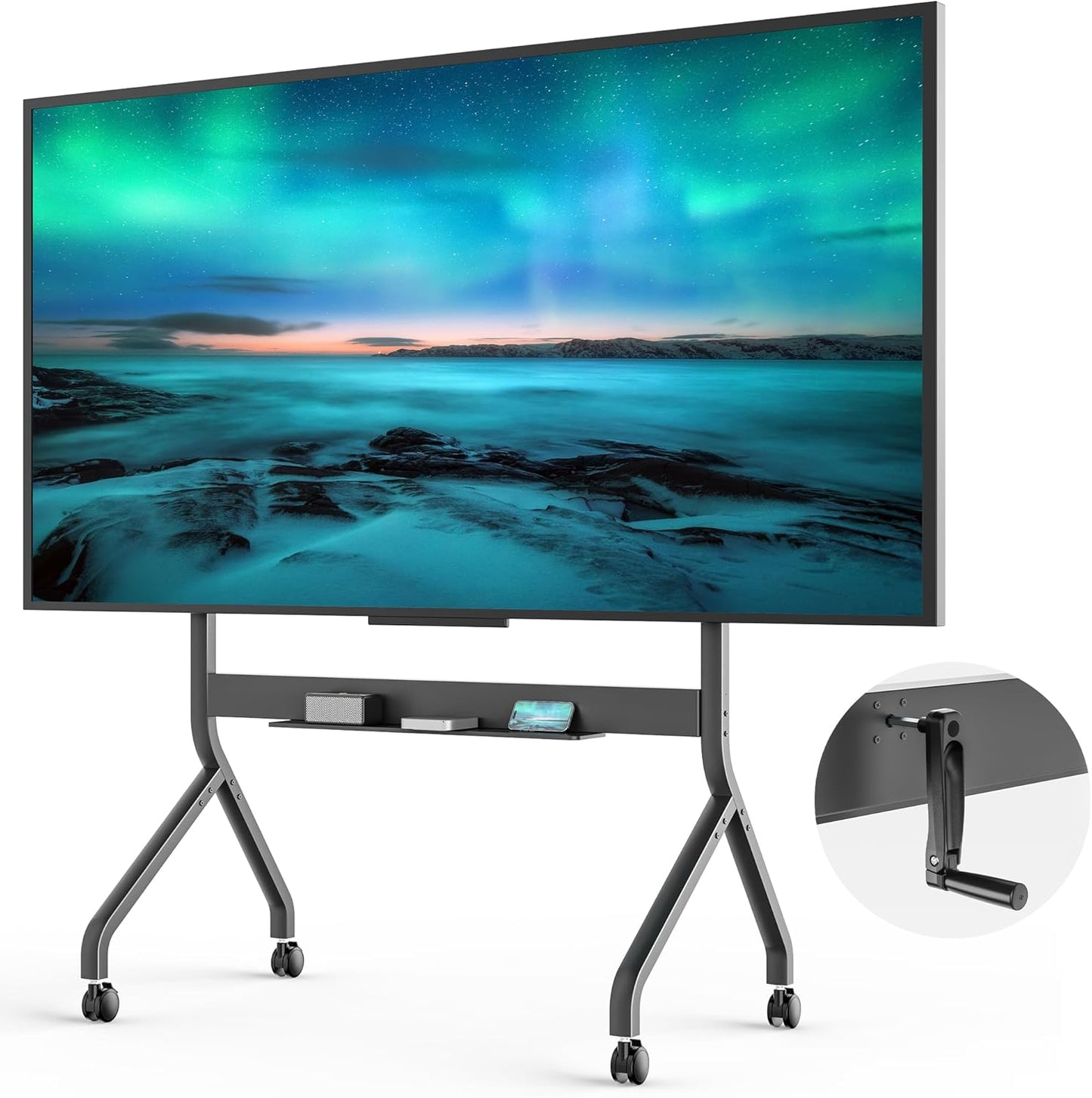 FortiLift Premium Manual Height Adjustable TV Cart for 60–110” Displays – Business-Class Rolling Stand with Crank Lift, VESA 1200×600, 264 lbs Capacity, Storage Shelf, Lockable Wheels