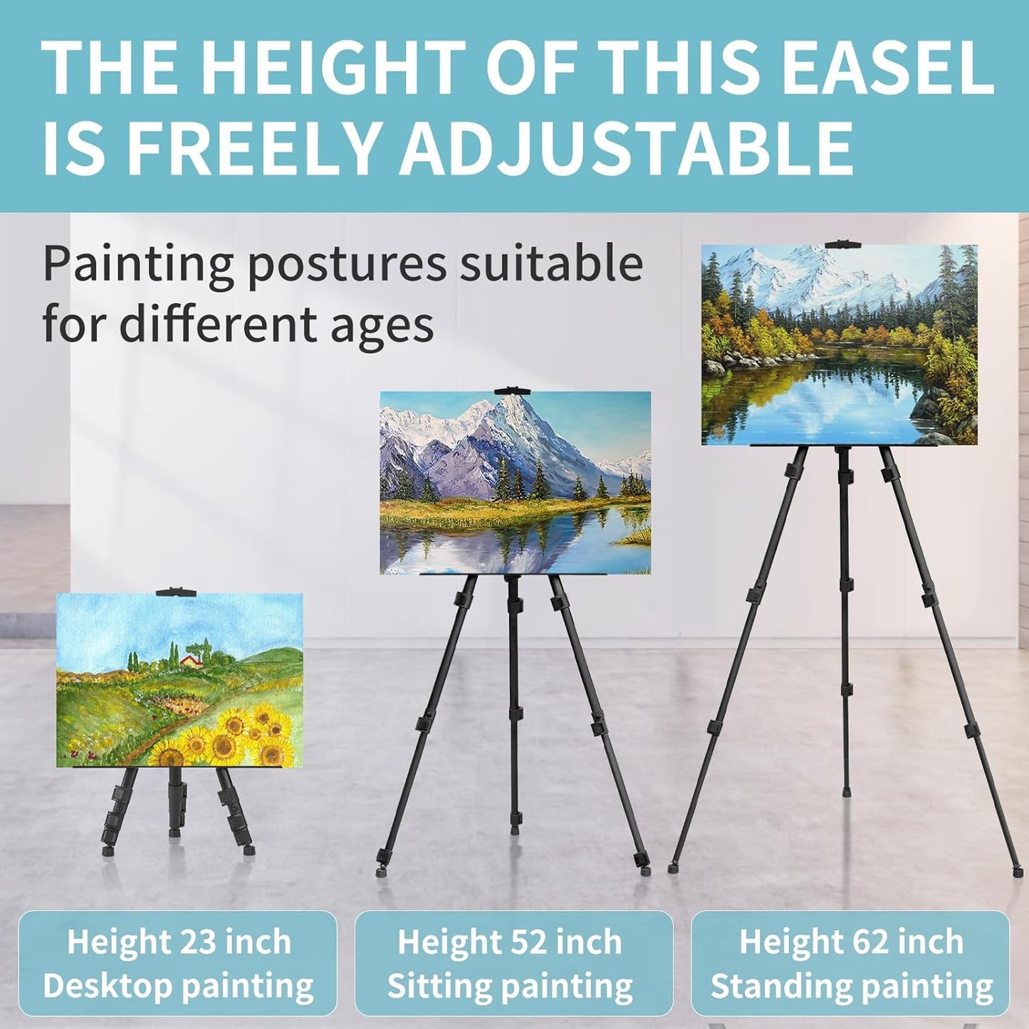 1PCS Art Painting Easel Stand, Adjustable Metal Large Easel for Painting, Canvas Heights from 17 to 66 Inch, Standing Easel for Painting, Wedding Sign, Tabletop or Floor, Black