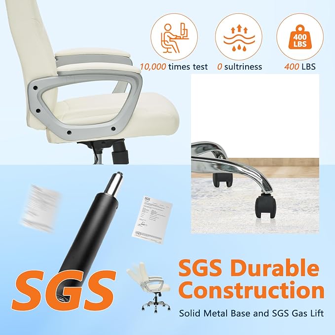 CLATINA Office Computer Desk Chair Executive Mid Back Chair Comfortable Ergonomic Managerial Chair Adjustable PU Leather Home Office Desk Chair Swivel, White 2PK