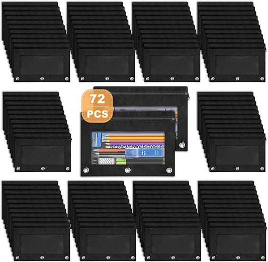 Shemira Pencil Pouch for 3 Ring Binder, 72 Pack Black Pencil Pouches Bulk, Pencil Pouch with Smooth Zipper, Zipper Pencil Pouches, 3 Ring Binder Pencil Pouch‘es, Clear Window Pencil Case Pouch