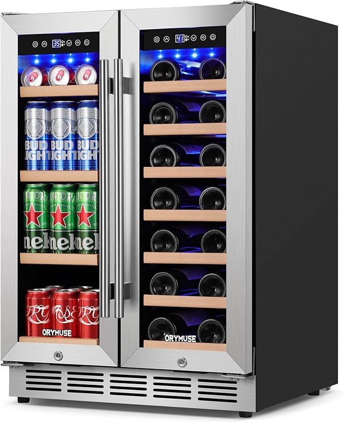 24 Inch Dual Zone Wine and Beverage Refrigerator, Built-in or Freestanding Cooler with French Doors, Drink Fridge with Upgraded Compressor for Beer, Wine, and Soda
