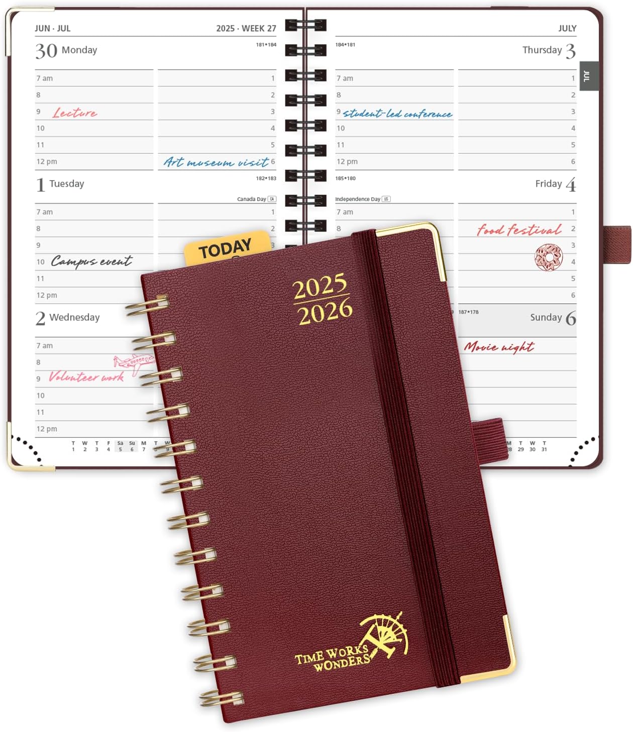 POPRUN Pocket Planner 2025-2026 (Spiral Hardcover - 4''x 6.25''), Daily Weekly and Monthly (July 2025 - June 2026) with Hourly Time Slots, for Purse, 100 GSM - Burgundy