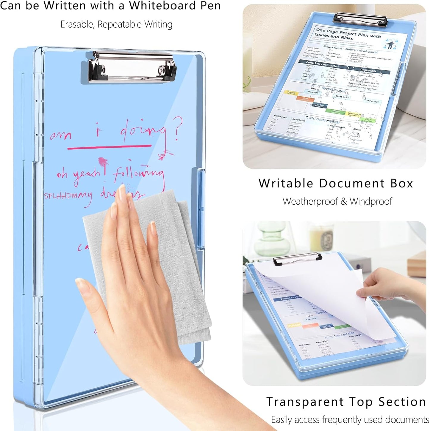 Clipboard with Storage,Heavy Duty Clip Boards 8.5x11 with 2 Storage Case,Clear Visible Top Panel Storage Clipboard,Side Opening Clip Boards,Nursing Clipboard Folder Case for Office Supplies-Aqua Blue