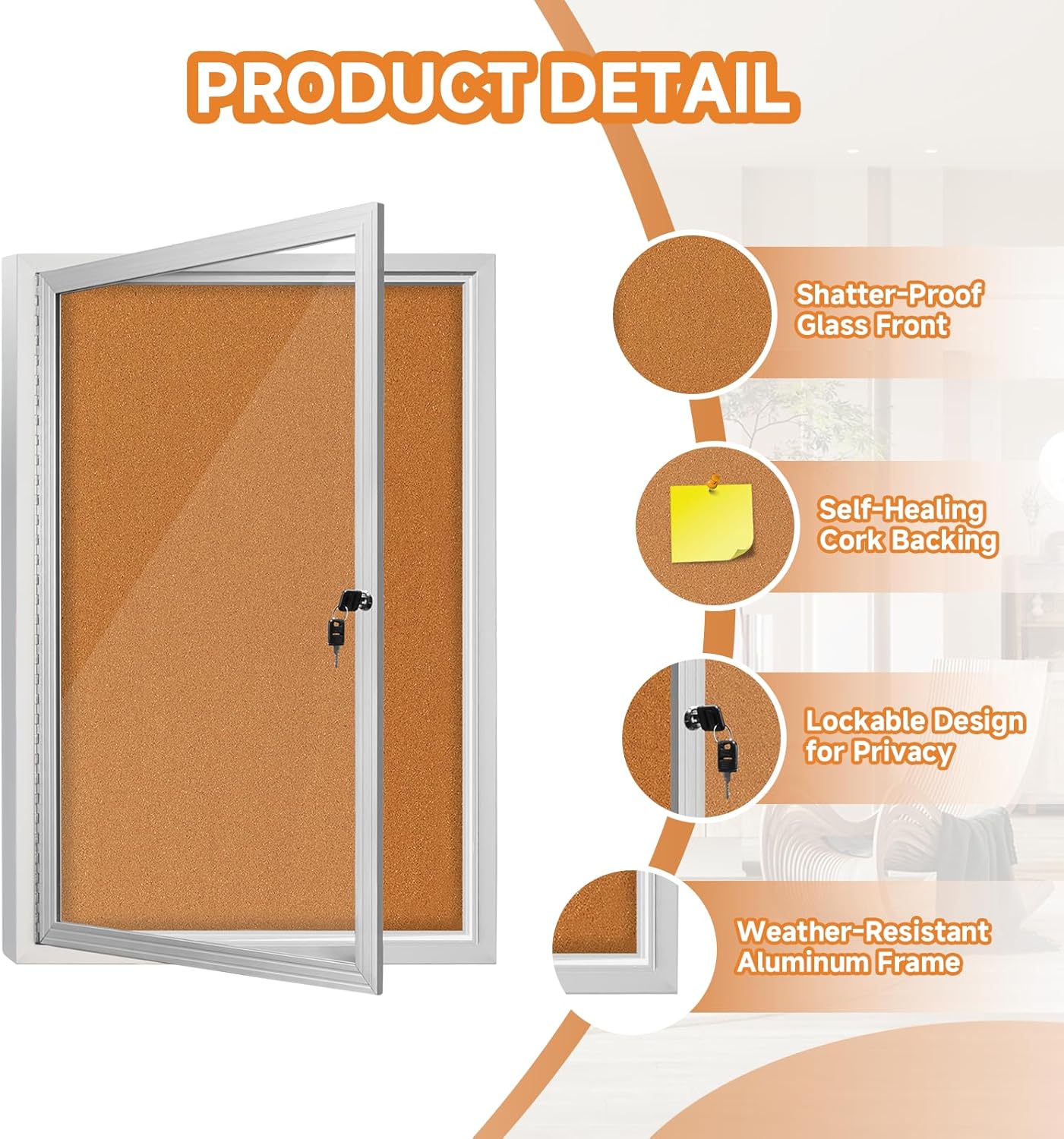 Enclosed Bulletin Board with Locking Door, Outdoor Bulletin Board Weatherproof, Lockable Display Case for Home, Office, and Community Use(23.6“L x 35.4" W Cork)