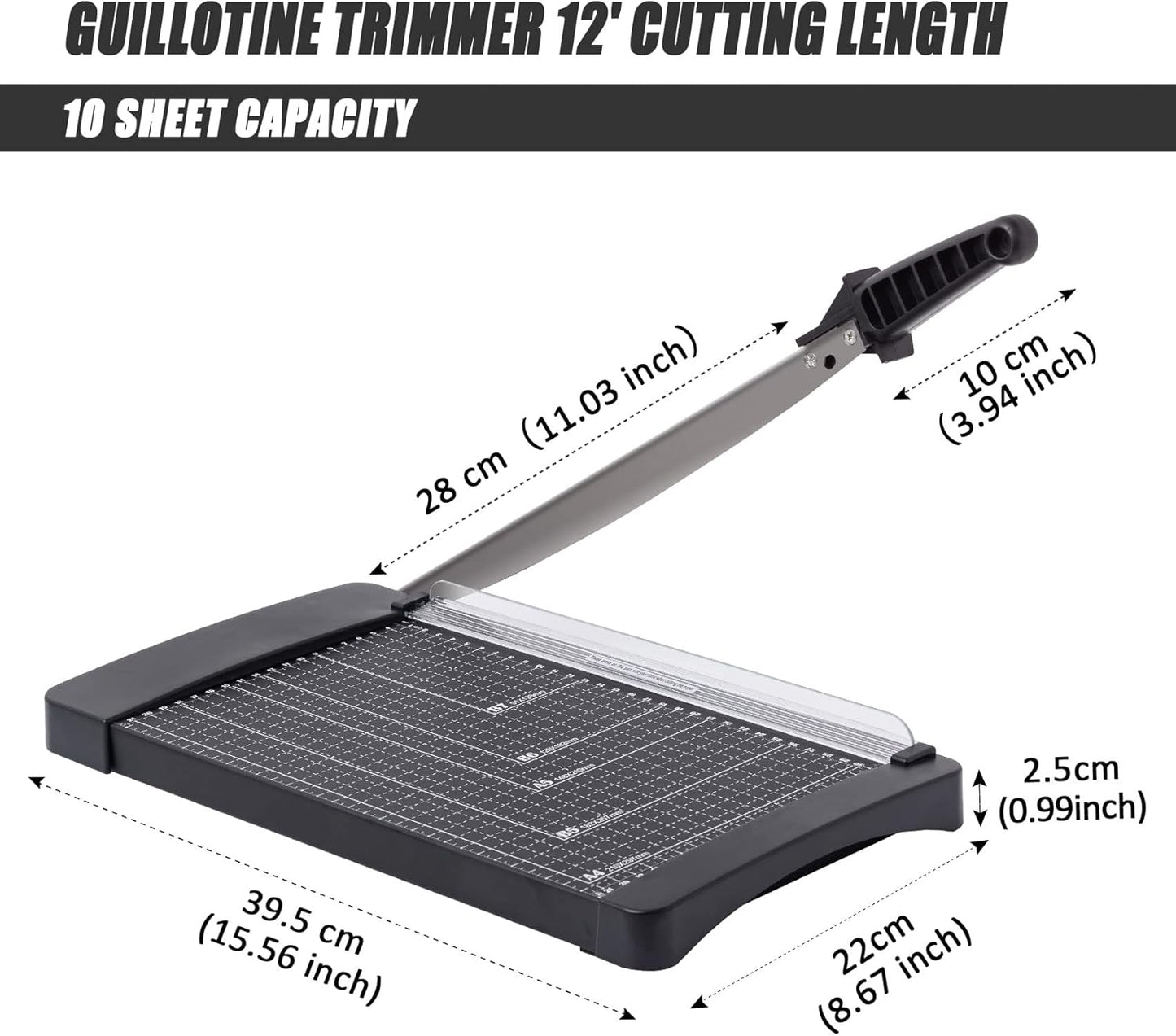 TIANSE Paper Trimmer Paper Cutter Guillotine with Safety Blade Lock 12” 8 to 12 Sheet Capacity Heavy Duty Metal Base A4 Paper Cutting Board for Home Office School