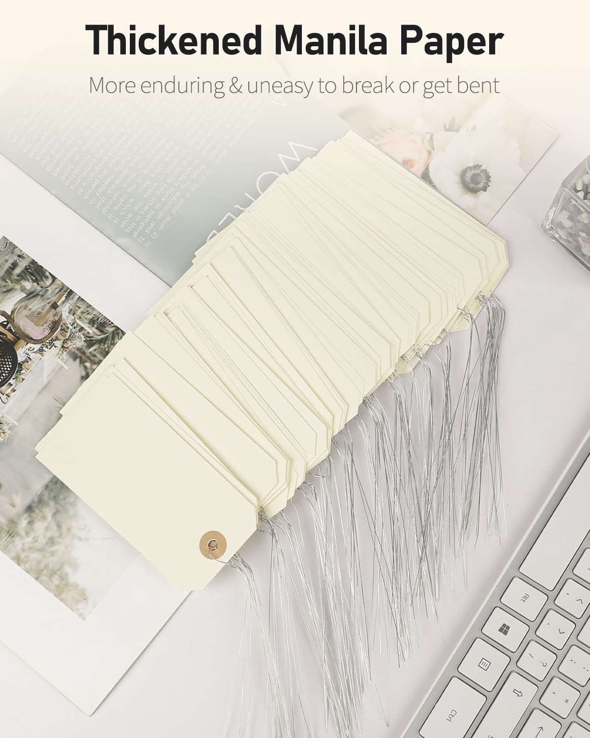 Uniclife 100 Pcs Manila Tags: 4.7 Inch Paper Hang Tags with Reinforced Eyelet and Flexible Wire