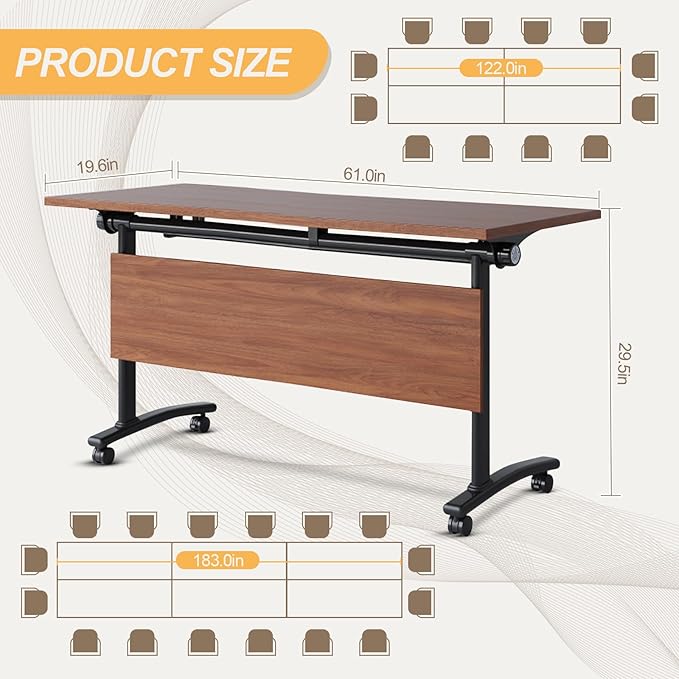 Conference Room Table with Silent Wheels, Mobile Folding Conference Table for 16 Person,Flip Top Office Training Tables with Walnuts Wood Tabletop, for School,Business Meeting Rooms (4 Pack 61in)