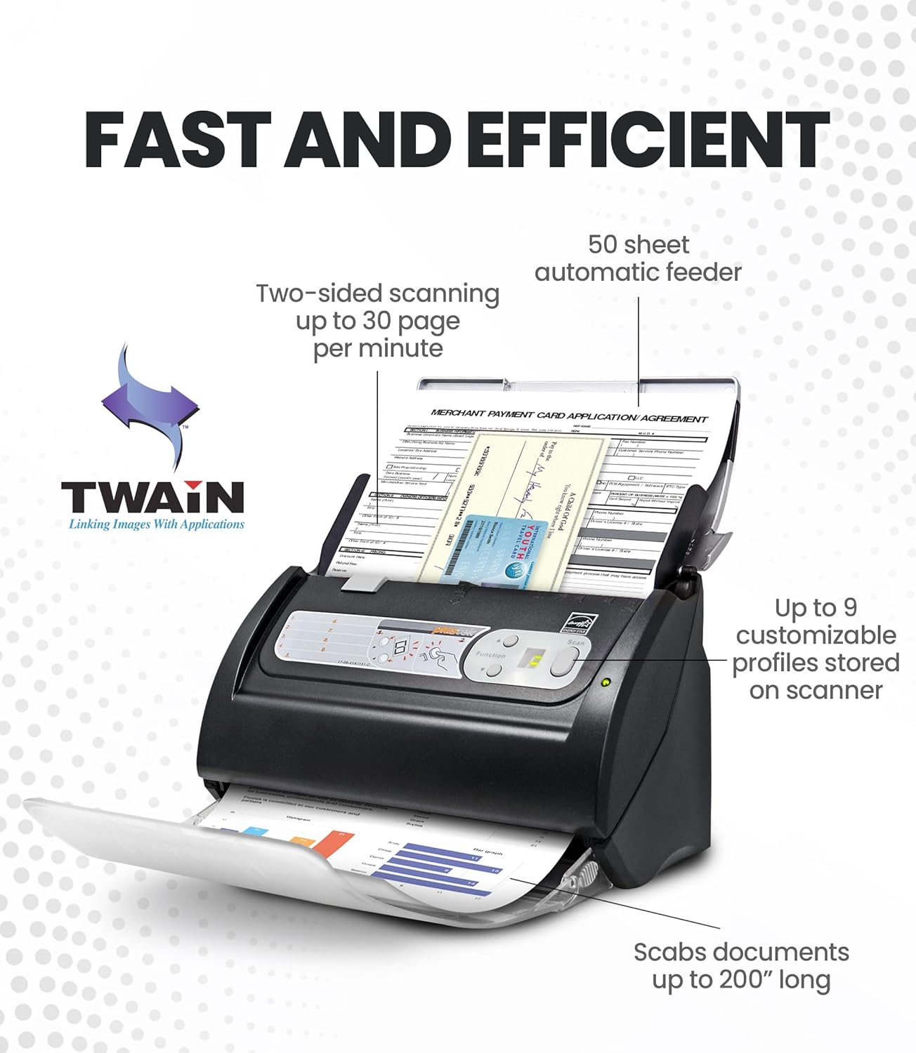 Plustek PS188 High Speed Double-Sided Color Document Scanner, with Automatic Document Feeder (ADF), 30 Pages Per Minute, Support Windows 7/8/10/11