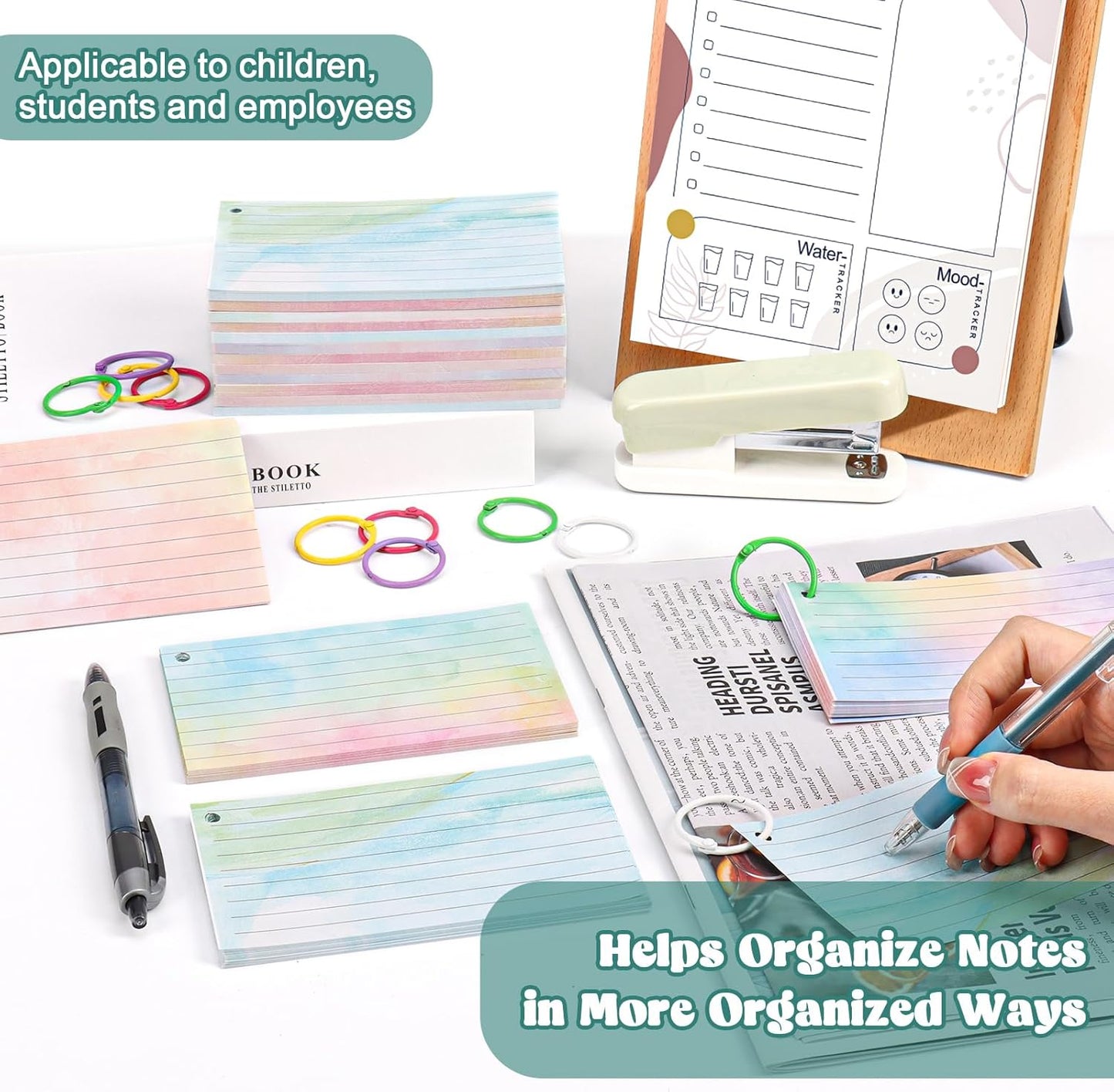 500 PCS Colored Index Cards with Hole Lined Flash Cards with Binder Rings Watercolor Notecards with Rings 3x5 Study Cards Flashcards for Home School Office Supplies