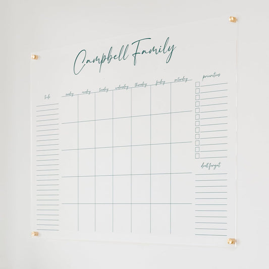 Personalized Clear Acrylic Calendar for Wall, Calendar Whiteboard for Wall, Dry Erase Wall Calendar, Wall Calendar Organizer System for Home (Cursive, Jade, 47.5"W x 36"H)