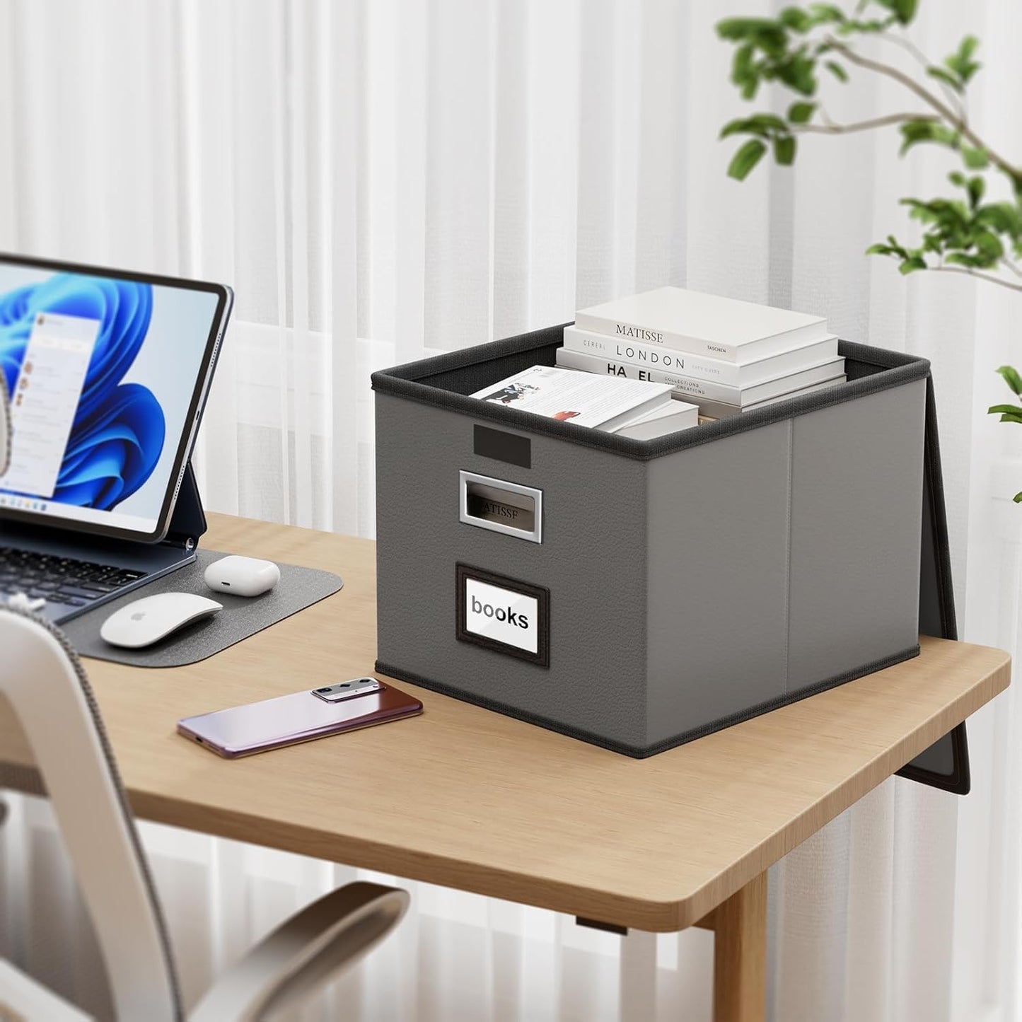 Huolewa File Organizer Boxes with Lids, Collapsible Faux Leather Hanging File Folder Box Organizer with Plastic Slide, Decorative Home/Office Filing System Boxes for File and Folders Storage