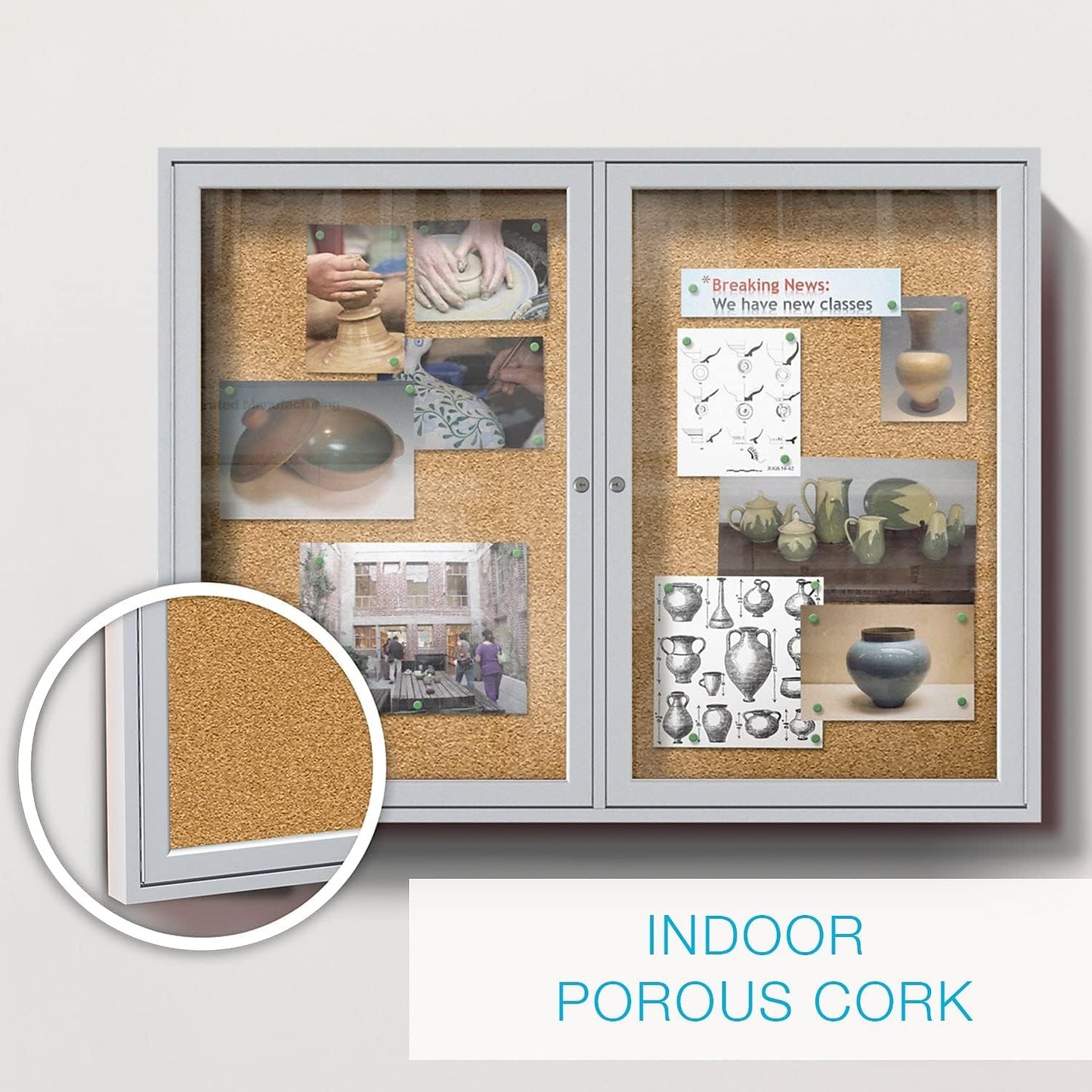 Ghent 48" x 60" 2-Door indoor Enclosed Bulletin Board , Shatter Resistant, with Lock, Satin Aluminum Frame - Natural Cork (PA245K) Made in the USA