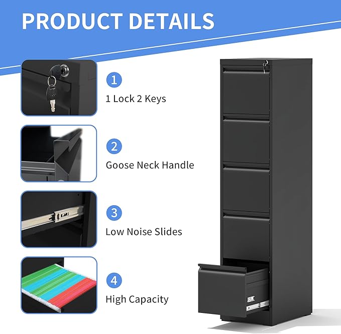 5 Drawer File Cabinet with Lock, Vertical Filing Cabinets for Home Office, Locking File Cabinet Hanging Files for A4/ Legal/Letter, Require Assembly, Black