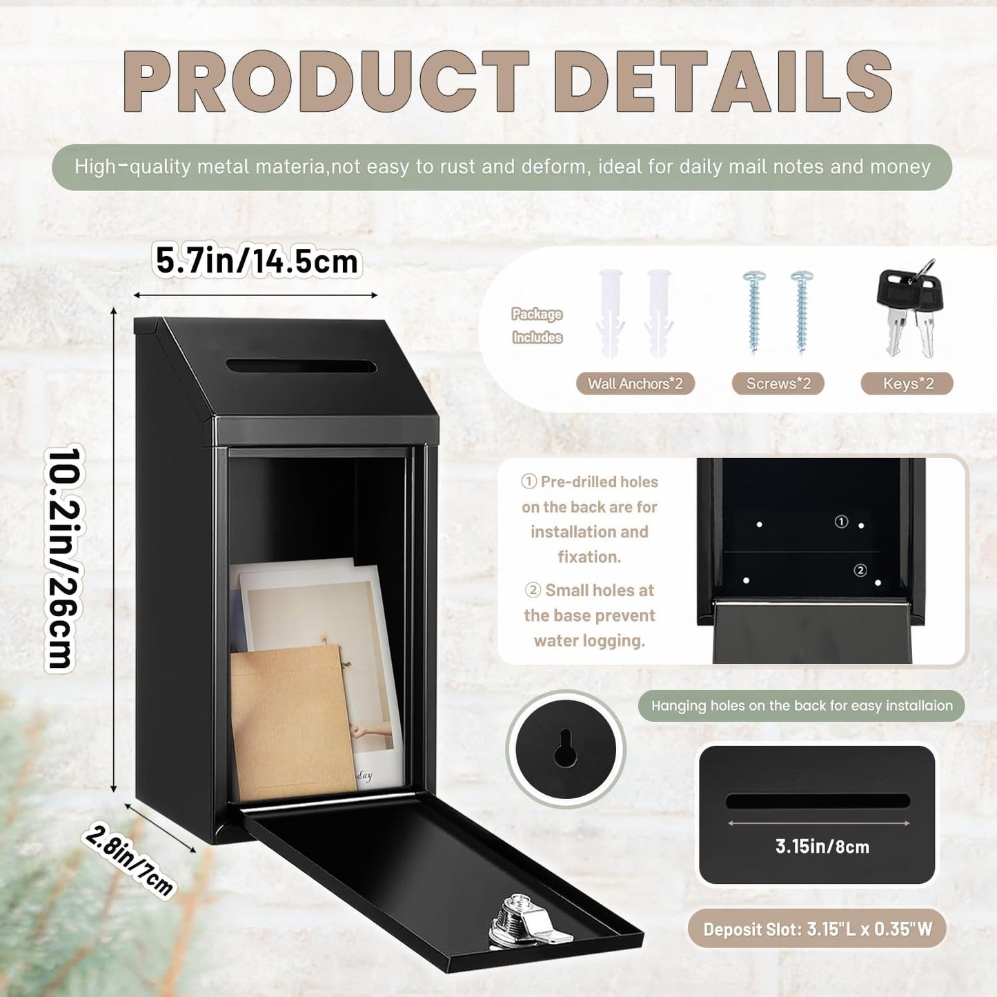 Metal Donation Money Cash Drop Box with Lock and Slot Suggestion Box Wall Mounted Ballot Container Mailbox Delivery for Home Office (Black, 10.24″ x 5.71″ x 2.95″)