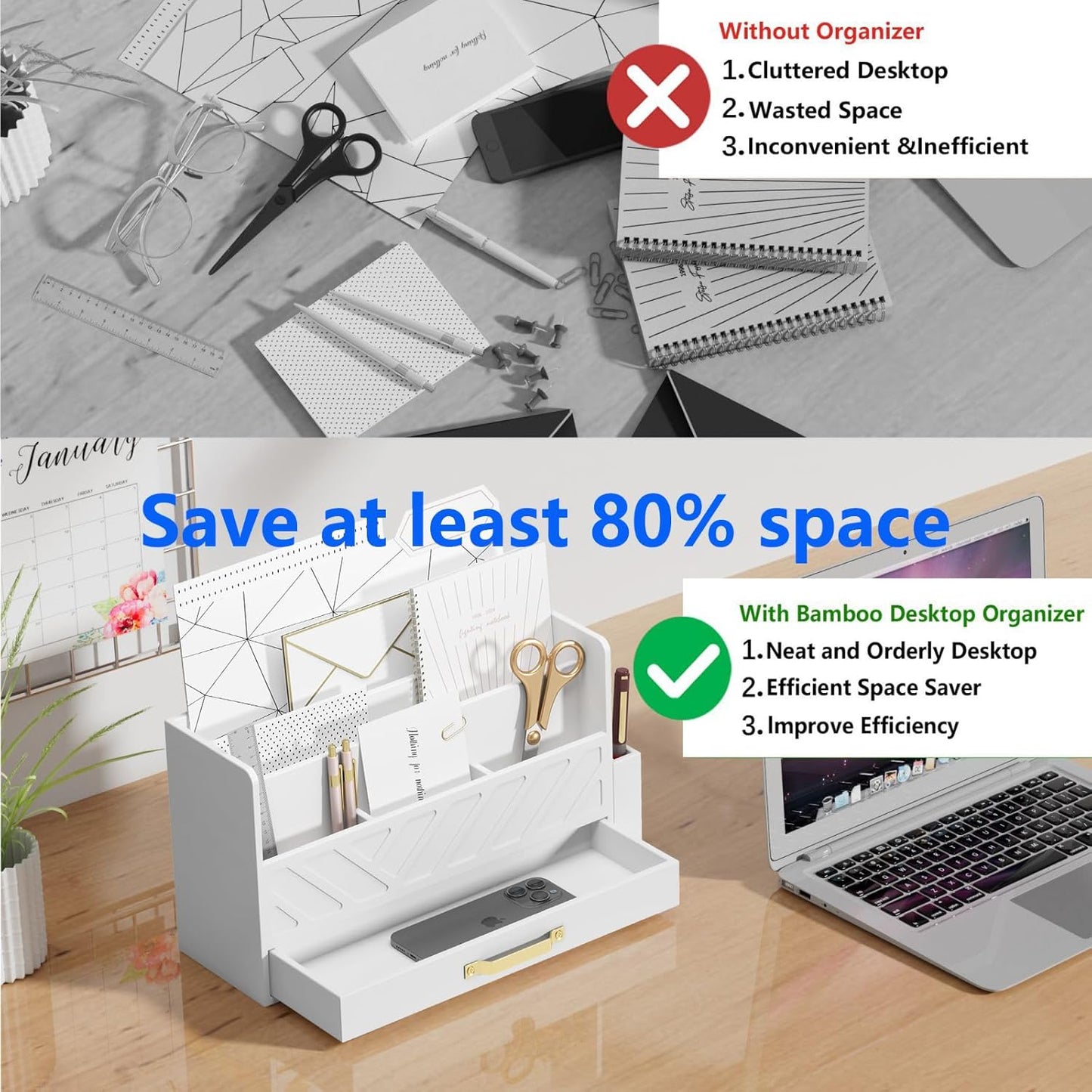 Bamboo Desk Organizer Mail Holder Countertop Wood Desk Drawer Tabletop Storage Box Pen Holder Letter Sorter Makeup Organizer for School Home Office Supplies with Pen Holder White