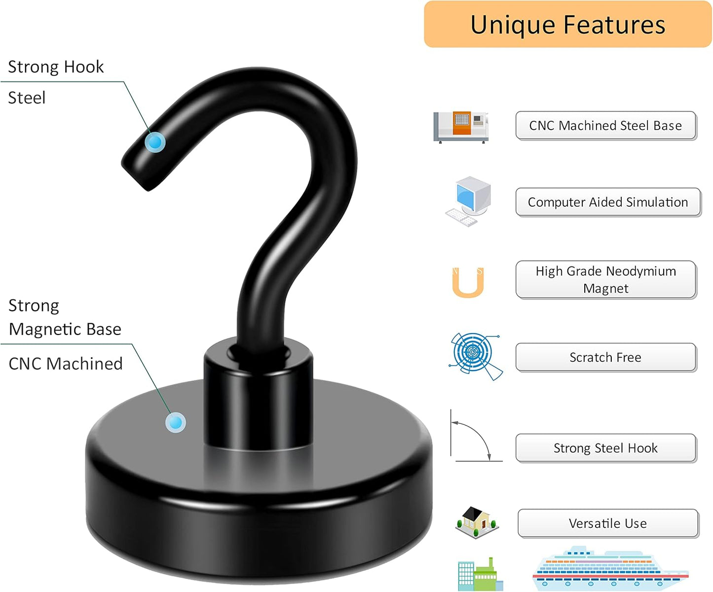 Neosmuk Black Magnetic Hooks, Strong Magnet with Hook for Fridge, Super Neodymium Extra Strength Industrial Hooks for Hanging (Matte Black,4 Pack)