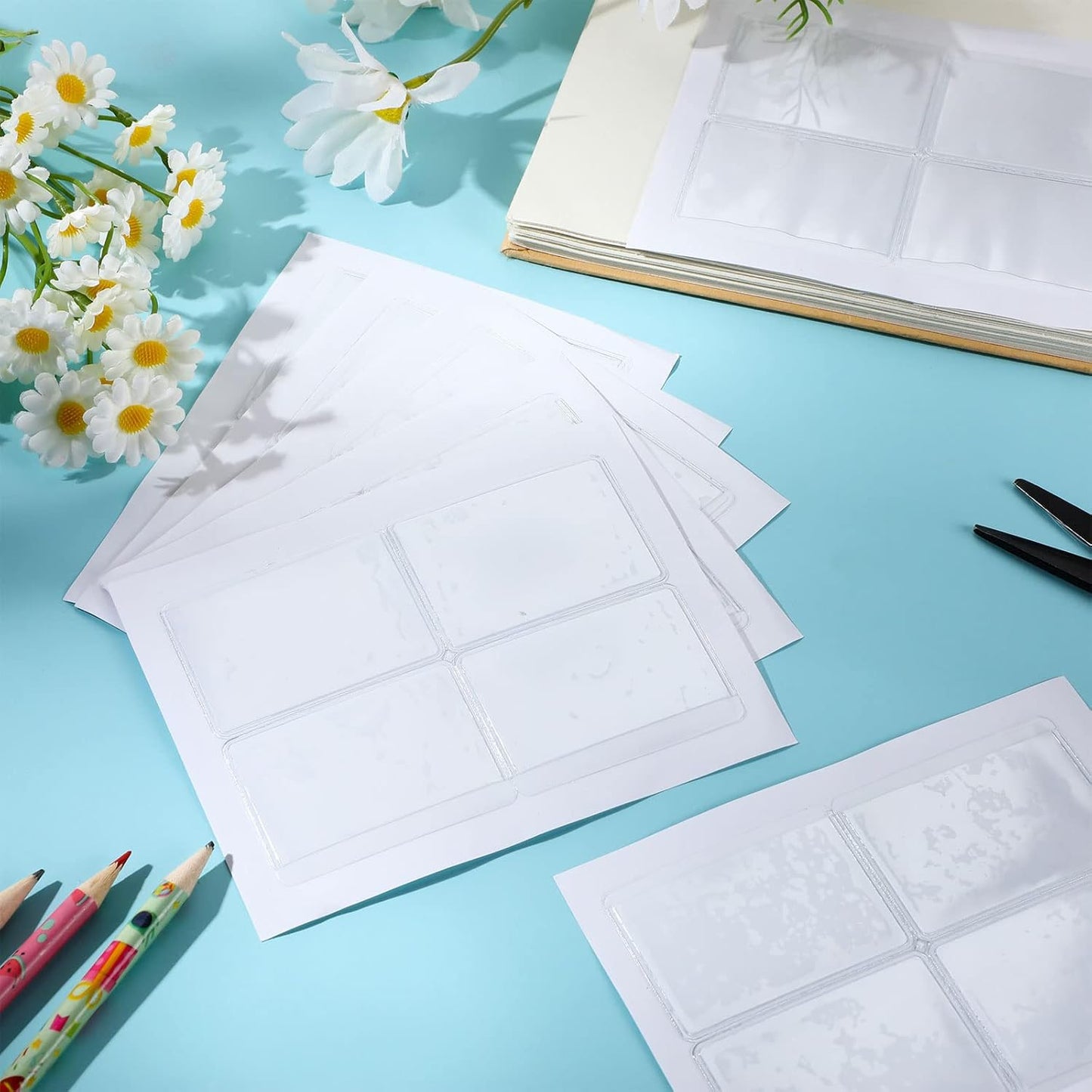 Jeyiour 100 Pcs Label Holders Adhesive Nameplate Pockets Storage Bin Labels Index Card Holder Shelf Plastic Peel Stick for Classroom Supermarket Bookshelf Library Student Box Drawer (2.4 x 1.6 Inch)