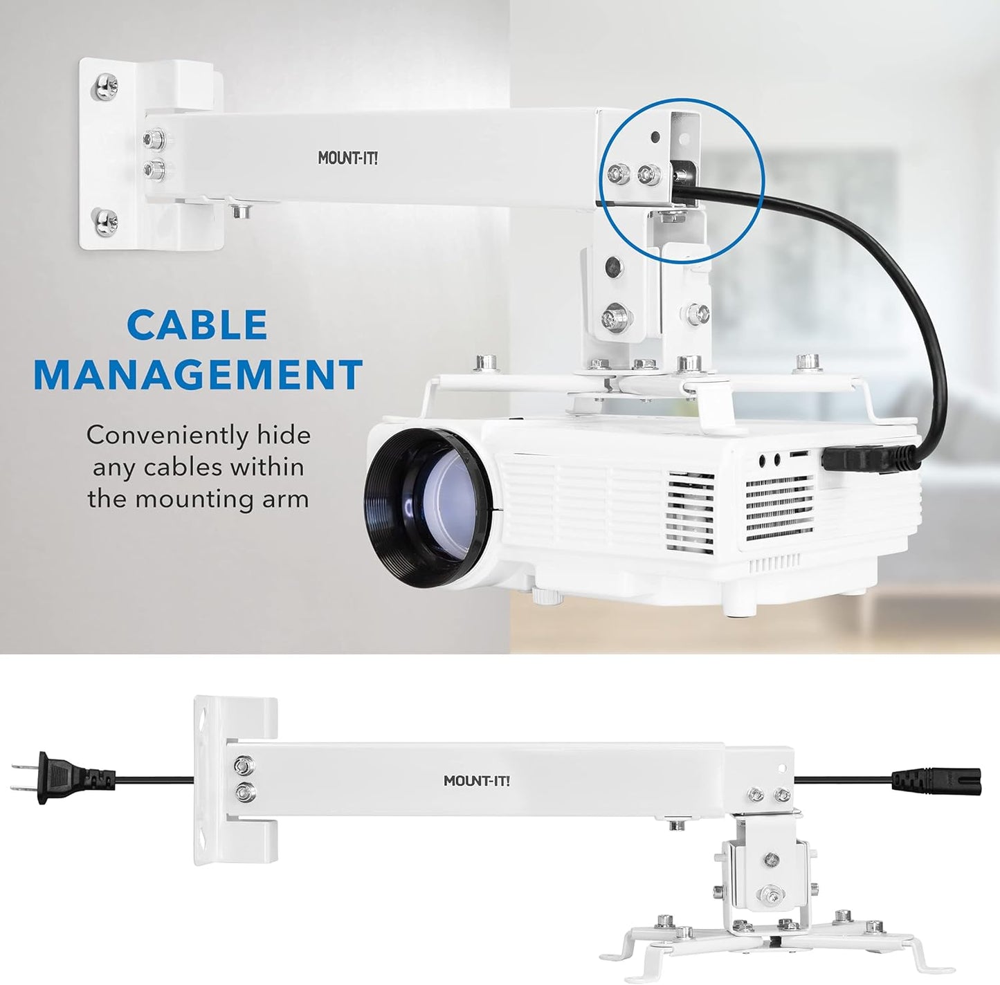 Mount-It! Wall or Ceiling Projector Mount with Universal LCD/DLP Mounting for Epson, Optoma, Benq, ViewSonic Projectors, 44lb Load Capacity, White