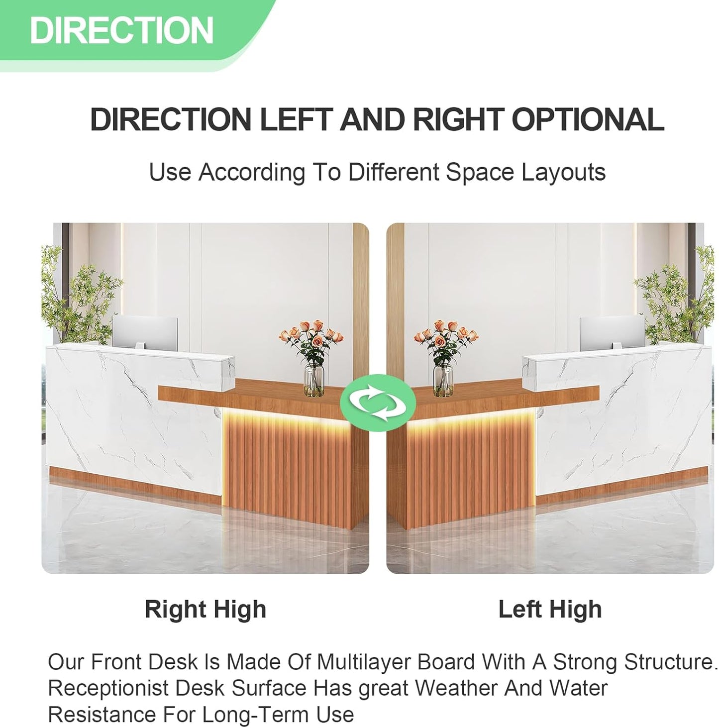 Modern Reception Desk with Counter and Drawer Office Front Desk with Cabinet Wooden Commercial Reception Table Checkout Counter for Retail Salon Lobby White and Brown Left 71inch/180cm