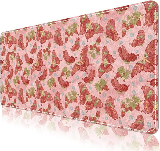 Botanical Floral Desk Pad Blotter,Large Mouse Pad 35 x 17in,PU Leather Desk Mat Writing Pad Protector, Non-Slip Waterprrof,Desktop Decor for Home Office Women Girls (Pink Stawberry Butterfly)