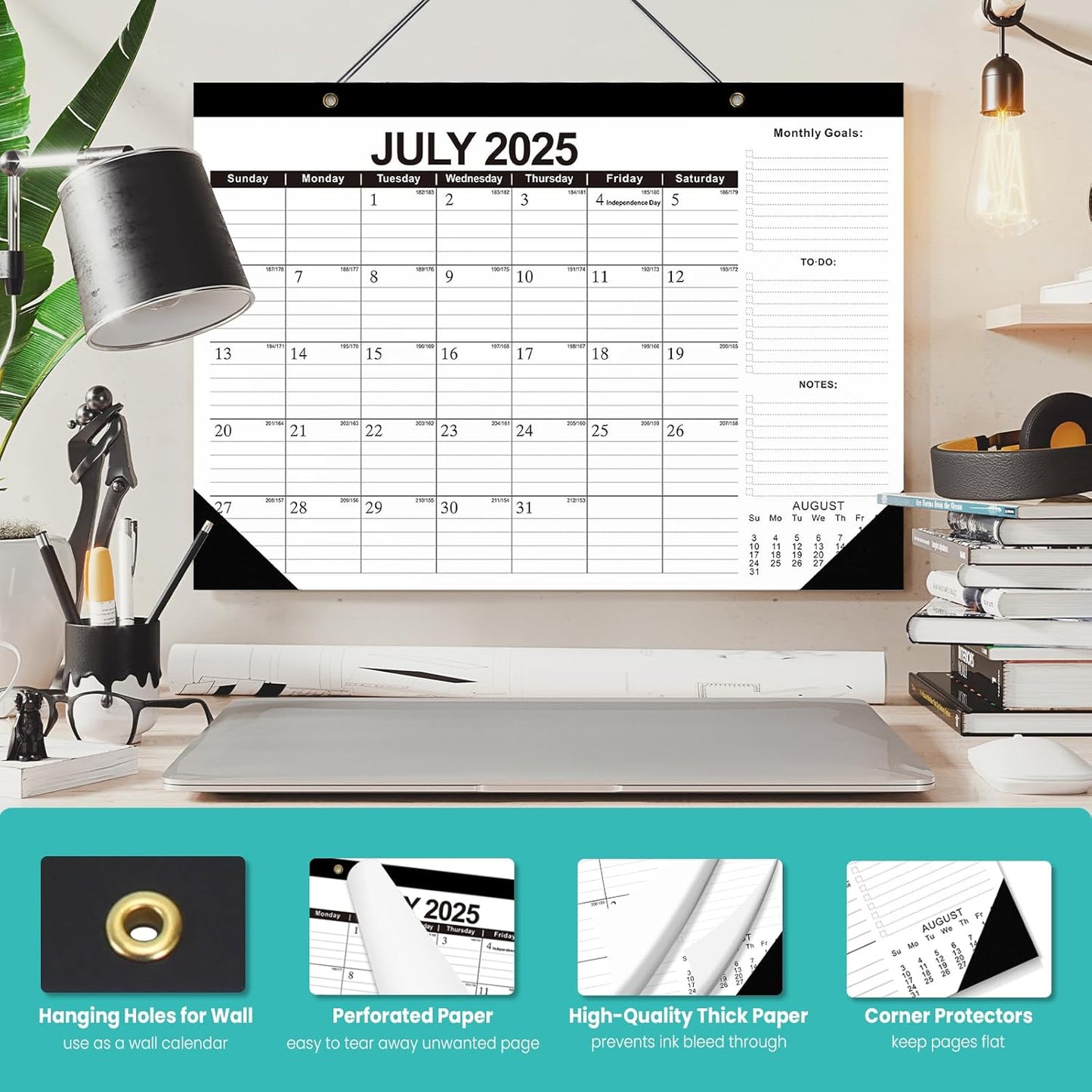 Comix 2025-2026 Black & White Desk Calendar - 18 Month Desk Calendar (July 2025–Dec 2026) | 17"x12" Thick Paper with Classic Design for Office & Home