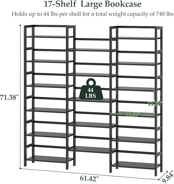 Homykic Bamboo Triple Wide Shallow Bookshelves and Bookcases, 6-Tier 6ft Tall Bookshelf with 17 Open Display Shelves, Super Large Freestanding Book Shelf for Home Office, Bedroom, Living Room, Black