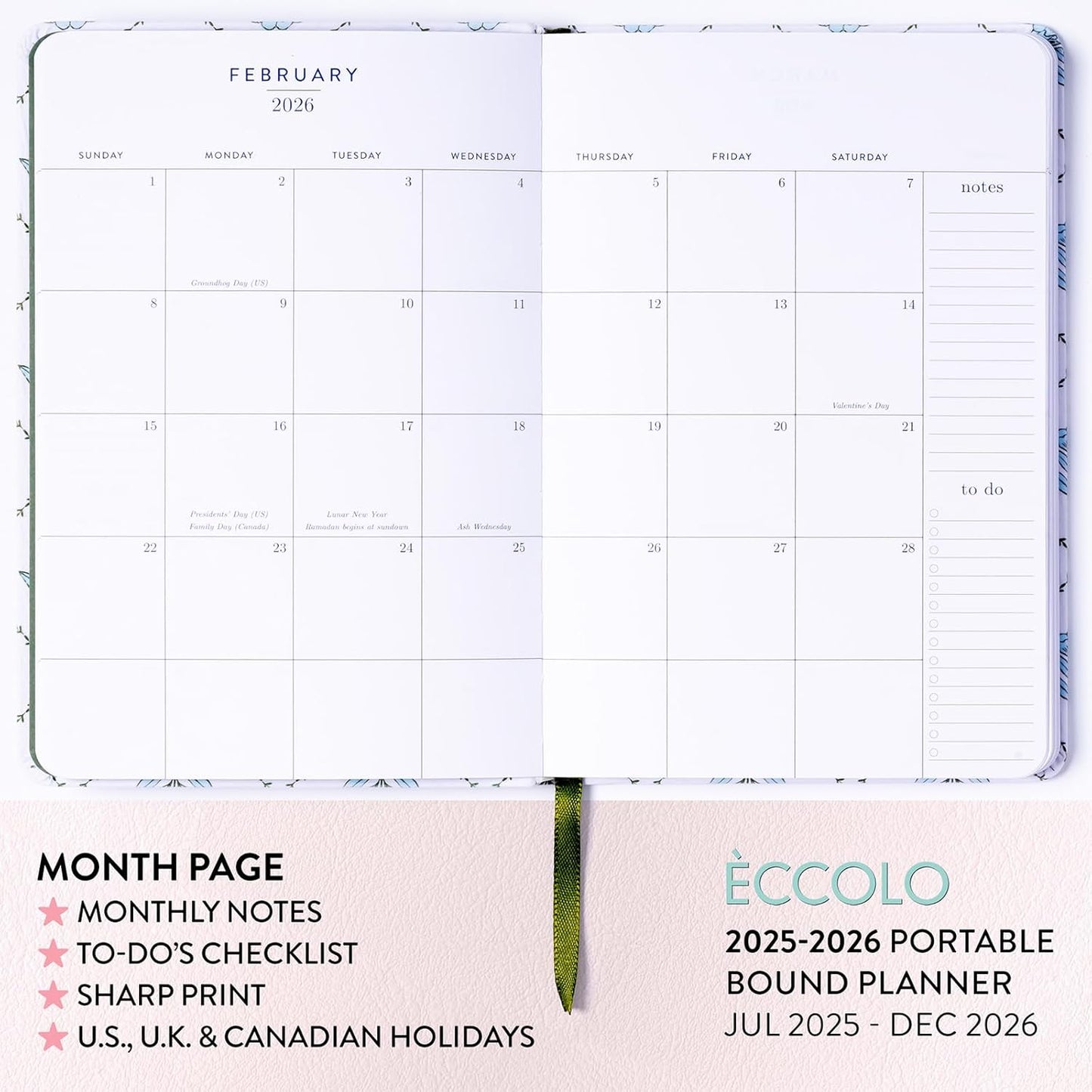 2025-2026 Eccolo 18 Month Linen Bound Planner, Monthly & Weekly Pages (5.25 x 7.75" - July 2025 - Dec 2026 - Blue Wallpaper)