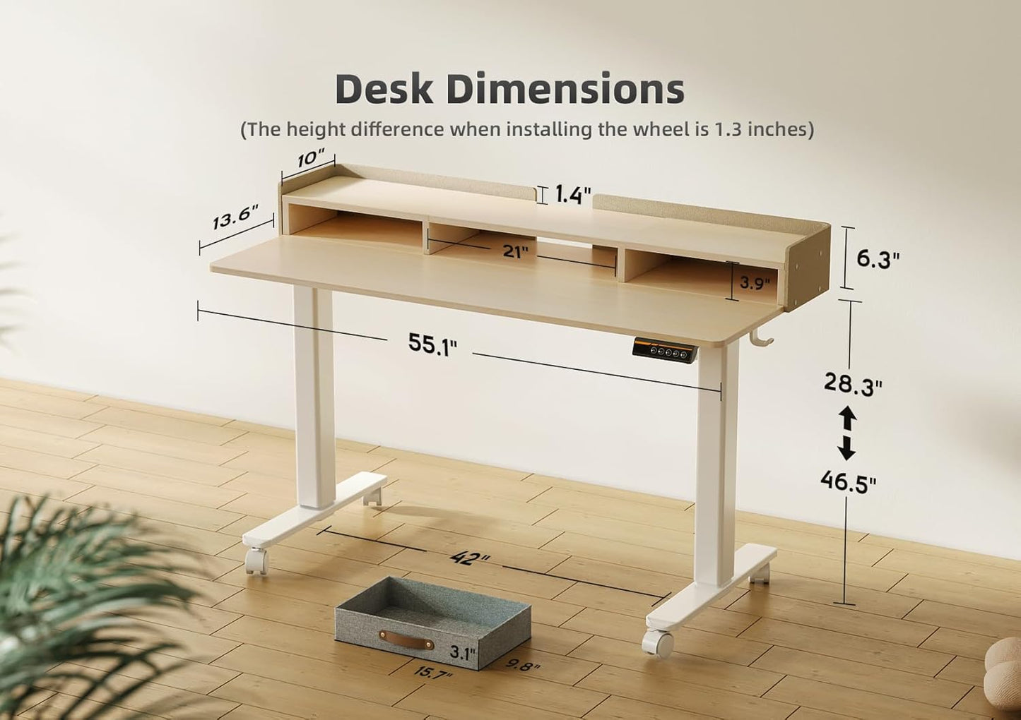 YDN Standing Desk with Drawers, 55 Inch Standing Desk Adjustable Height, Adjustable Electric Stand Up Sit Stand Small Desks with Storage and Shelf, Natural