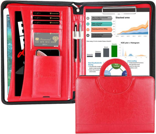 Darolin Zippered Leather Padfolio Portfolio with [Hidden Handle] and [Clipboard], Business Conference Portfolio Organizer Notepad Folder, Padfolio for Women/Men (Red)