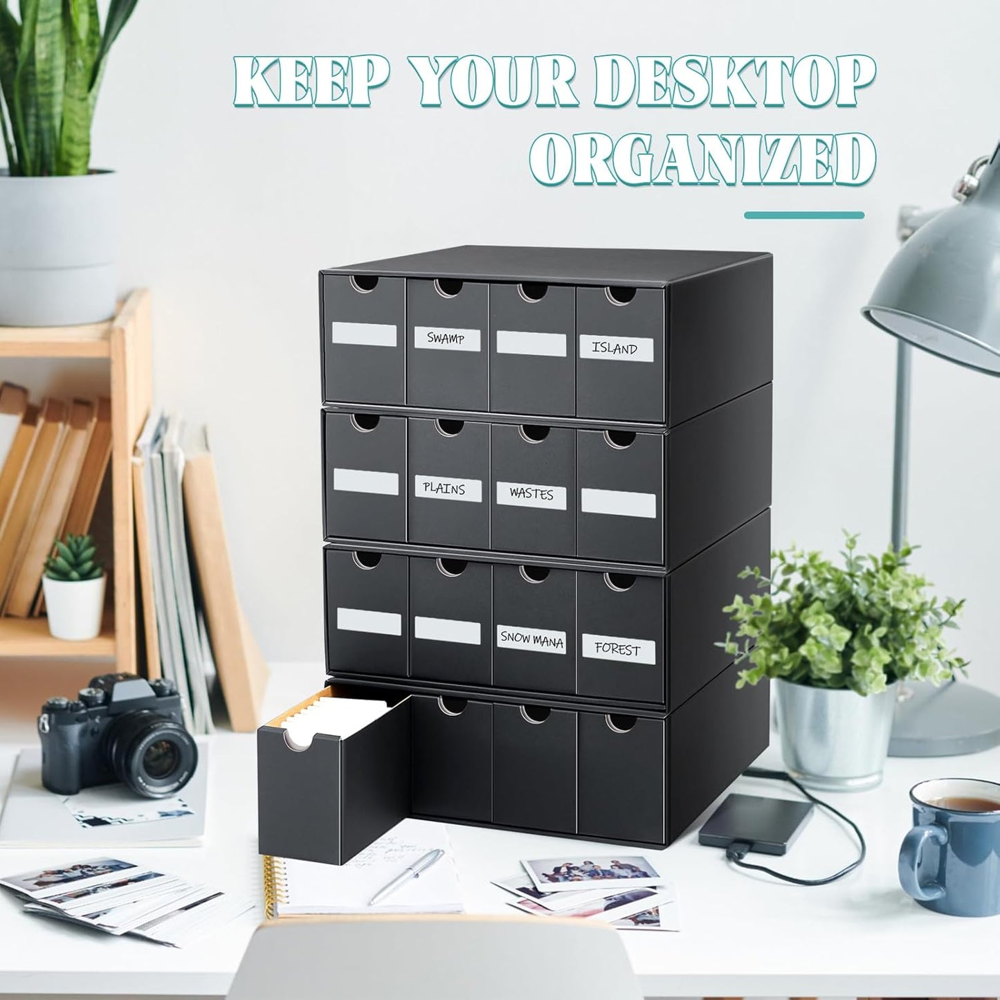 Cholemy Trading Card Storage Box 15000+ with 70 Cardboard Storage Divider, Label Sticker for Collection Compatible with TCG, Sport Cards(8 Row, 4 in A Row,Black)