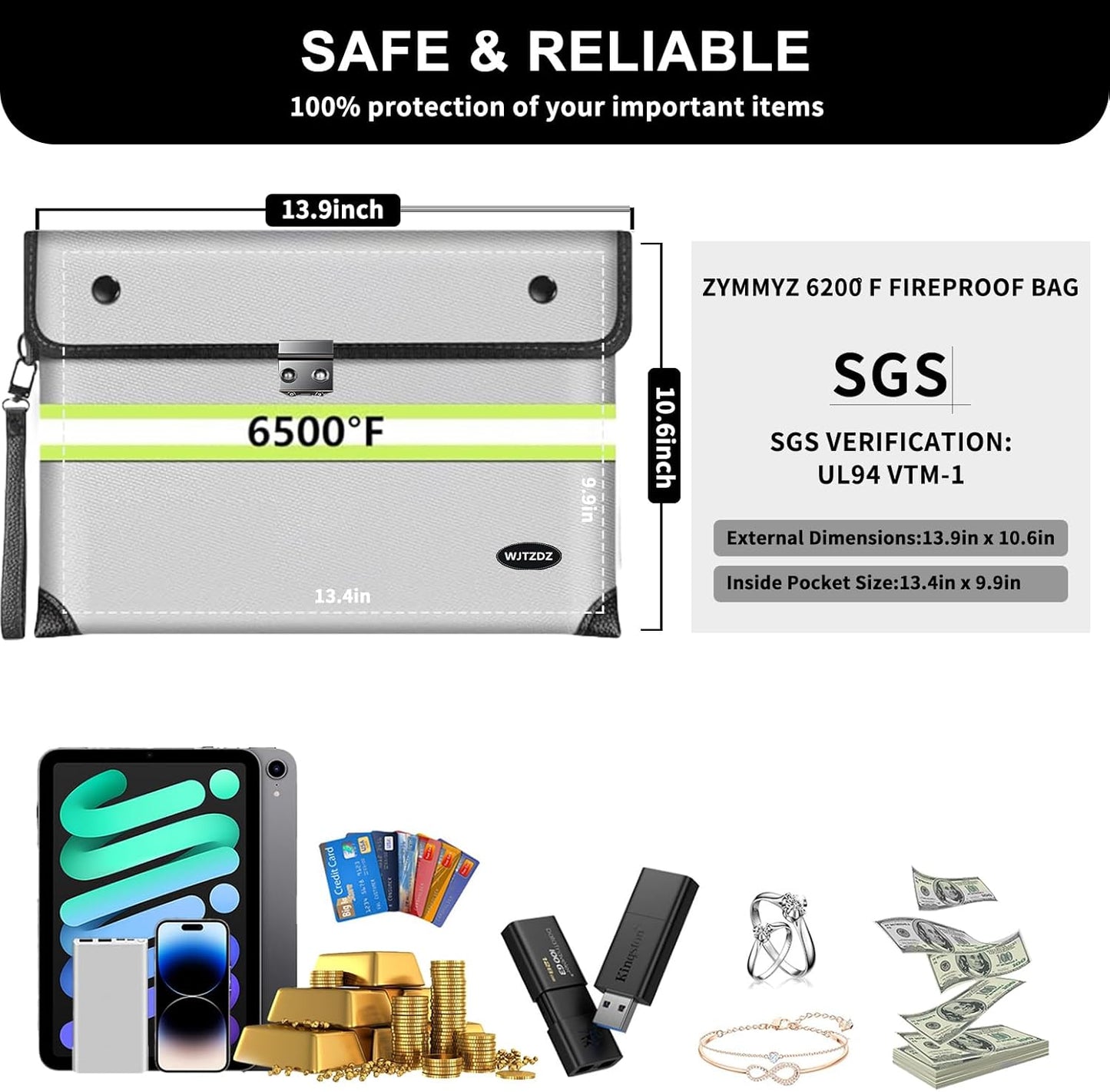 Upgraded 6200°F Fireproof Document Bag Waterproof with Zipper,9 Layers of Heat Insulated Materials,Fireproof Money Bag for Cash,Valuables and Important Documents