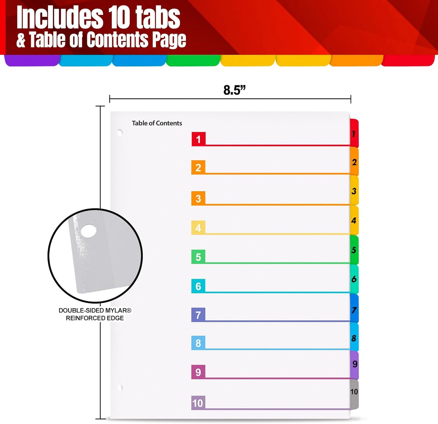 Tab Dividers for 3 Ring Binders – 6 Sets, 1–10 Numbered Index Dividers with Table of Contents – 8.5 x 11 in, 3-Hole Punched – Binder Dividers for School, Office, Filing, Organizing - 6 Pack