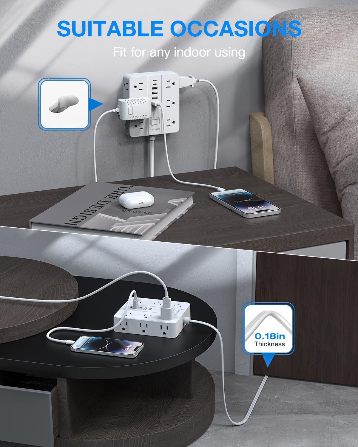 Flat Plug Surge Protector Power Strip, HUNIAN 12 Widely Spaced Outlets with 6 USB Charger (2 USB C Ports), 10 Ft Extension Cord Desk Charging Station for Home Office Supplies, Dorm Room, White