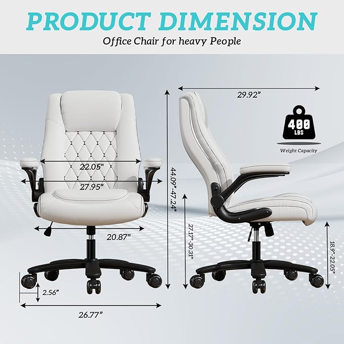 GYI O205P High Back Executive Office Chair, Big and Tall Office Chair 400LBS with Rubber Wheels,Ergonomic Adjustable Computer Desk Chairs with Padded Flip-up Armrests,Lumbar Support (White)
