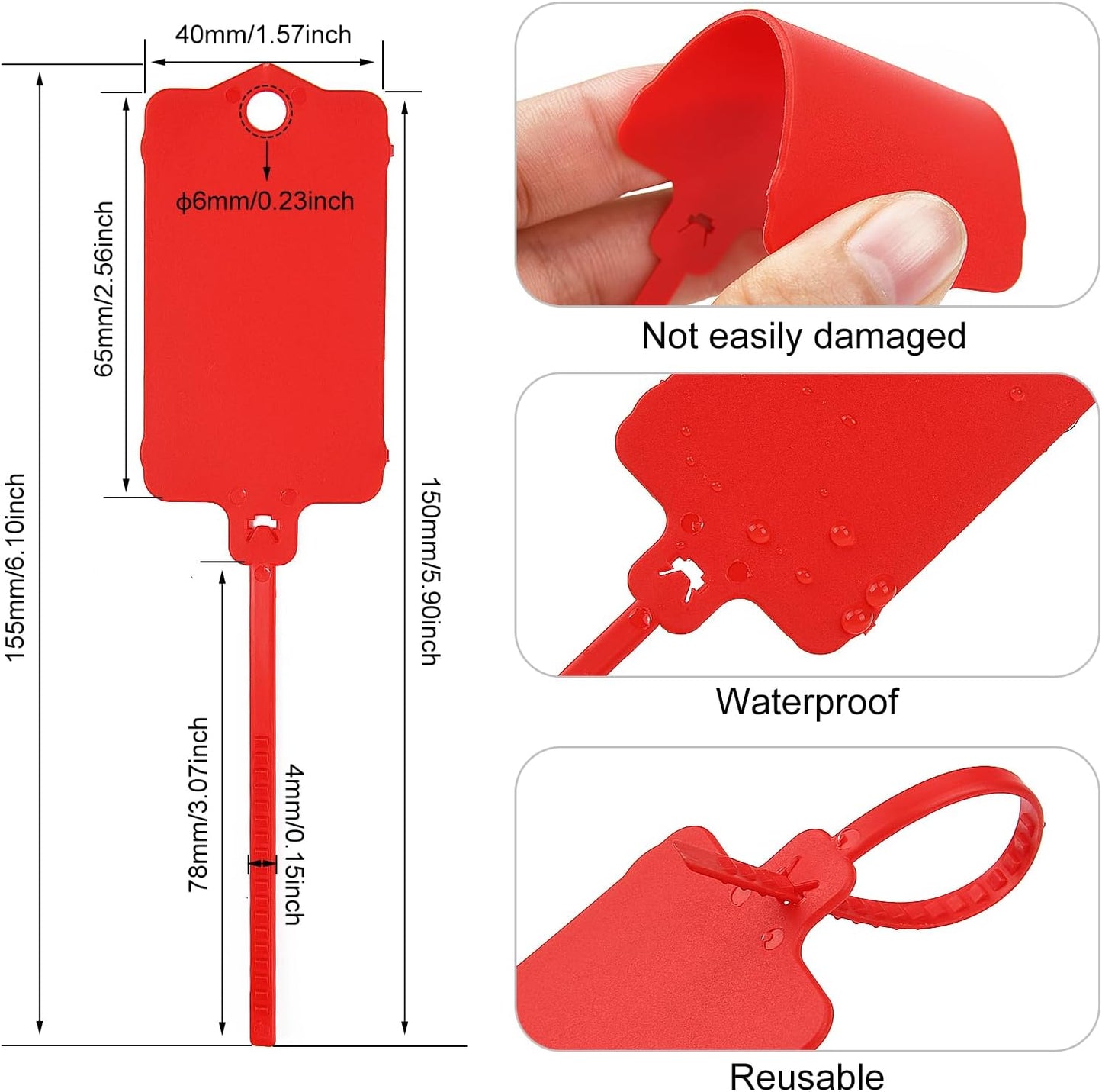 100pcs Blank Plastic Tags for Labeling Reusable Hanging Tags Ties Key Tag Storage Labels Waterproof Plastic Mark Label Writable Hang Sign with One Marker Pen (Red)