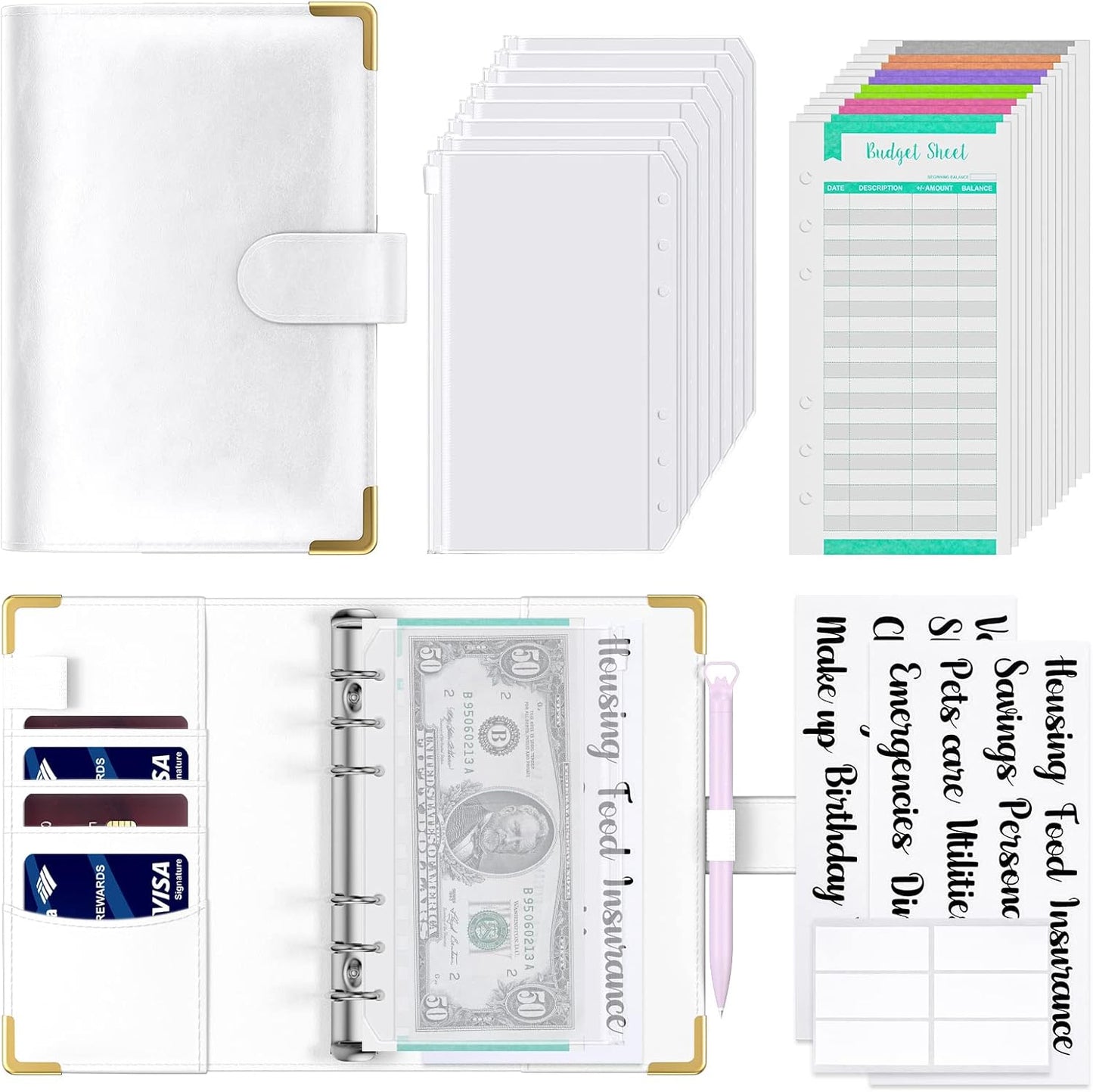 Rnivvi Budget Binder with Zipper Envelopes, A6 Money Saving Binder Cash Envelopes for Budgeting, PU Leather Planner Money Organizer for Cash Stuffing Planning, Cute System Wallet for Women Men, White