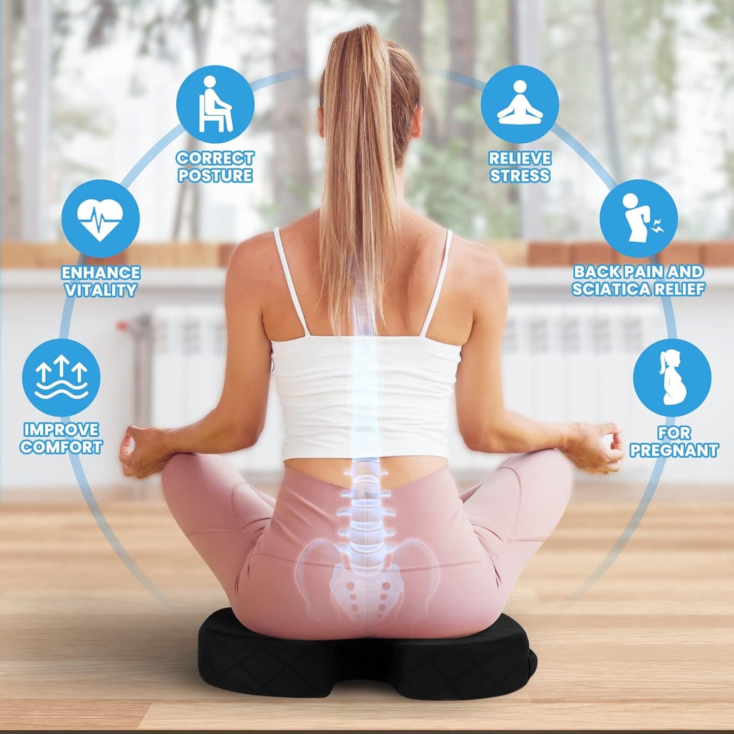 TushGuard Office/ Car Seat Cushion, Non-Slip Sciatica & Back Coccyx Tailbone Pain Relief Chair Pad, Memory Foam Butt Pillow for Computer Desk, Wheelchair, Driving (Black)