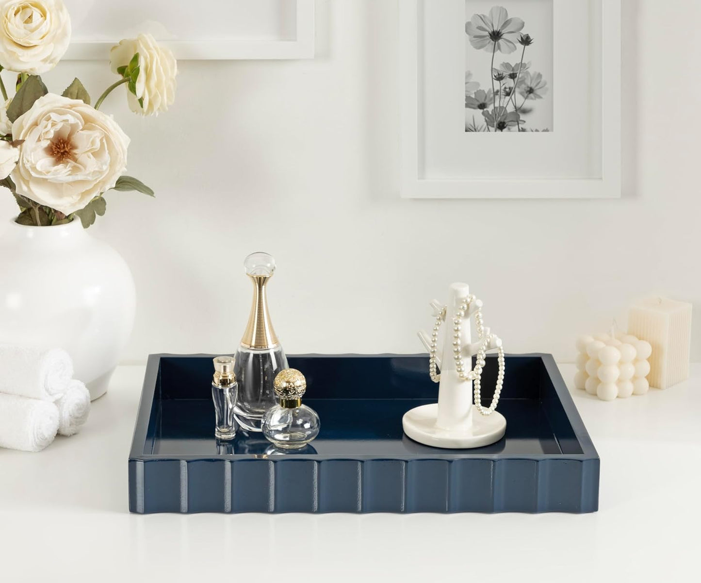 Kate and Laurel Lissi Decorative Rectangle Tray with Wavy Design, 16 x 12, Navy Blue, Modern Scalloped Serving Tray for Coffee Table Ottoman, Dining Table, or Entryway Catch-All Tray